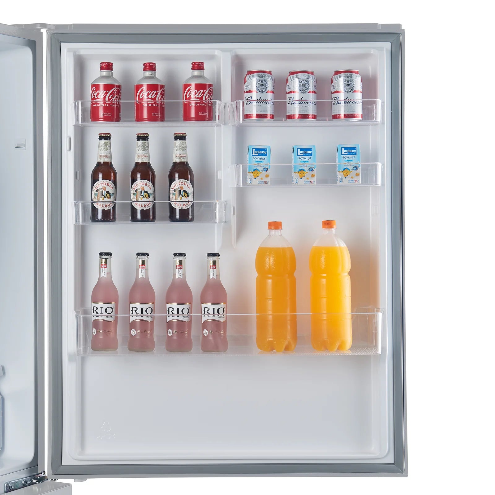 Stainless steel refrigerator door open with beverage bottles on wire shelves