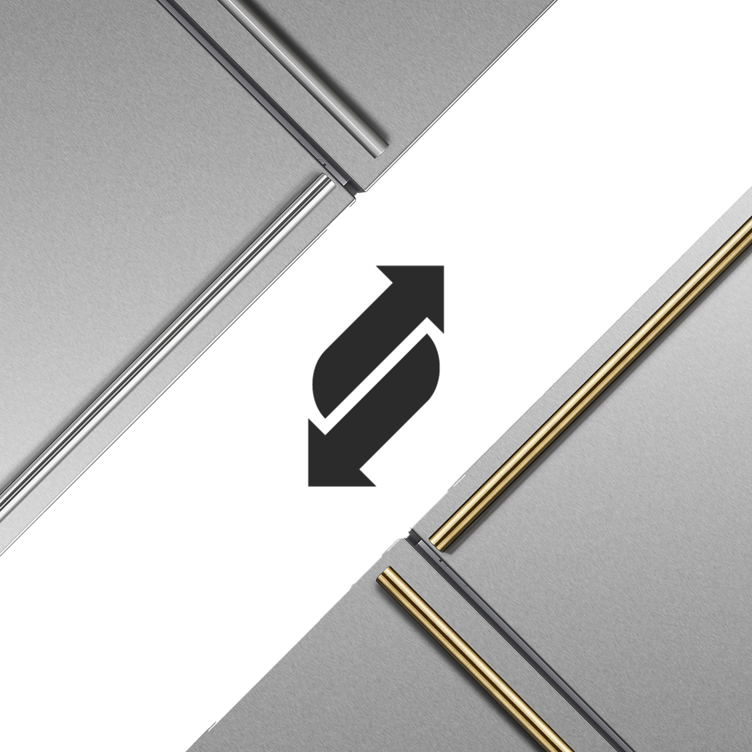 Refrigerator door feature with gold-accent trim and directional arrow graphic