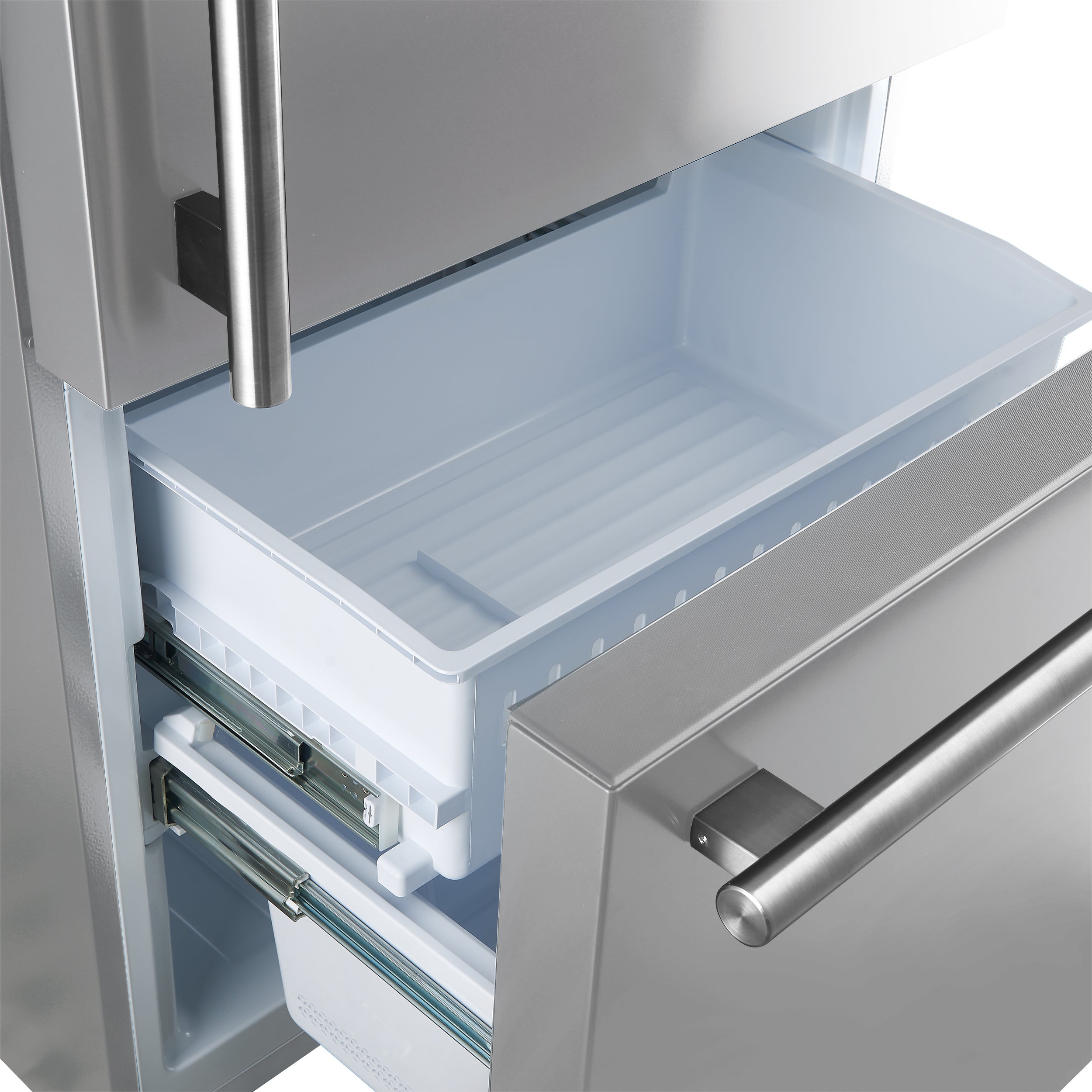 Refrigerator drawer with removable bin and smooth slide rails