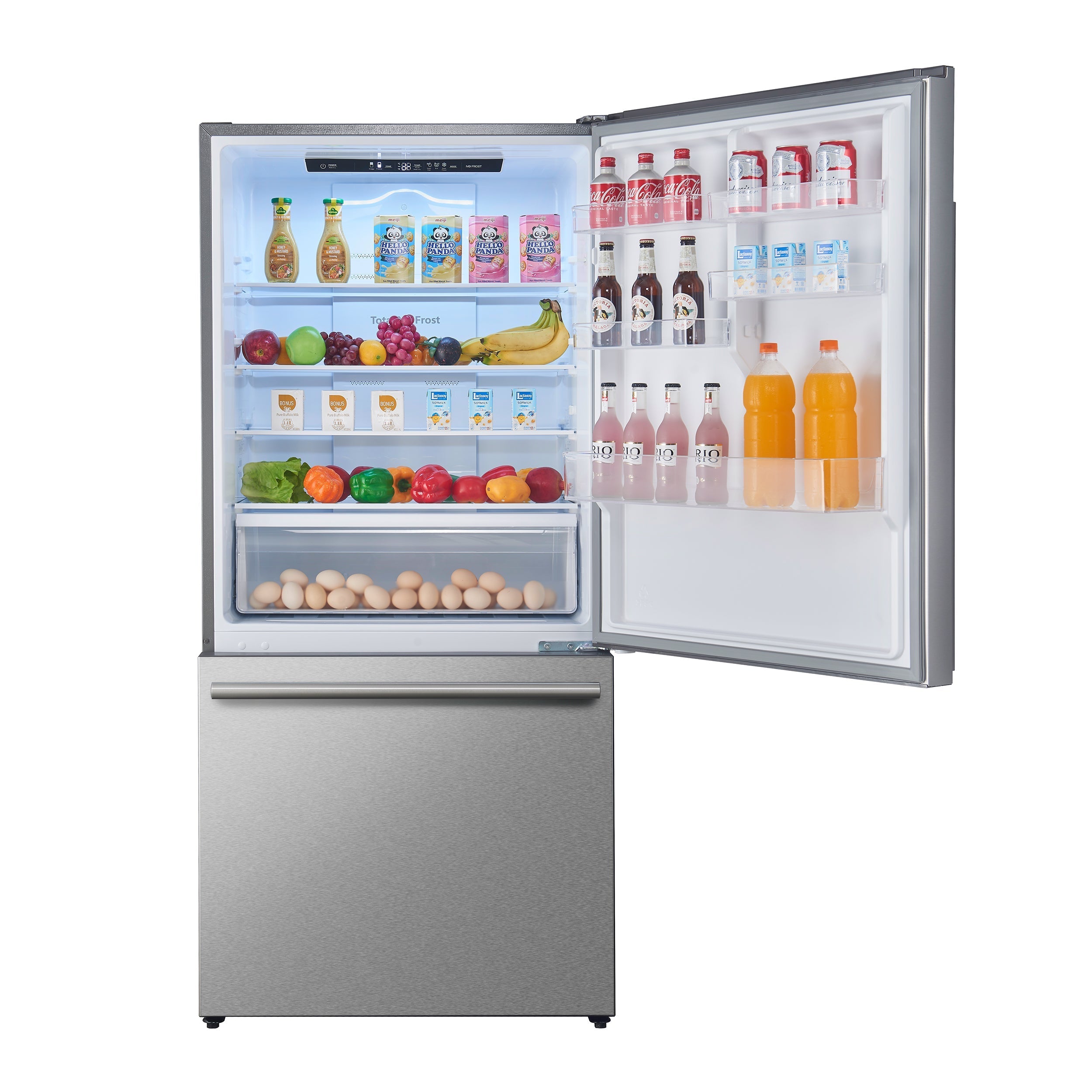 Stainless steel refrigerator with open door showing interior shelves and door bins
