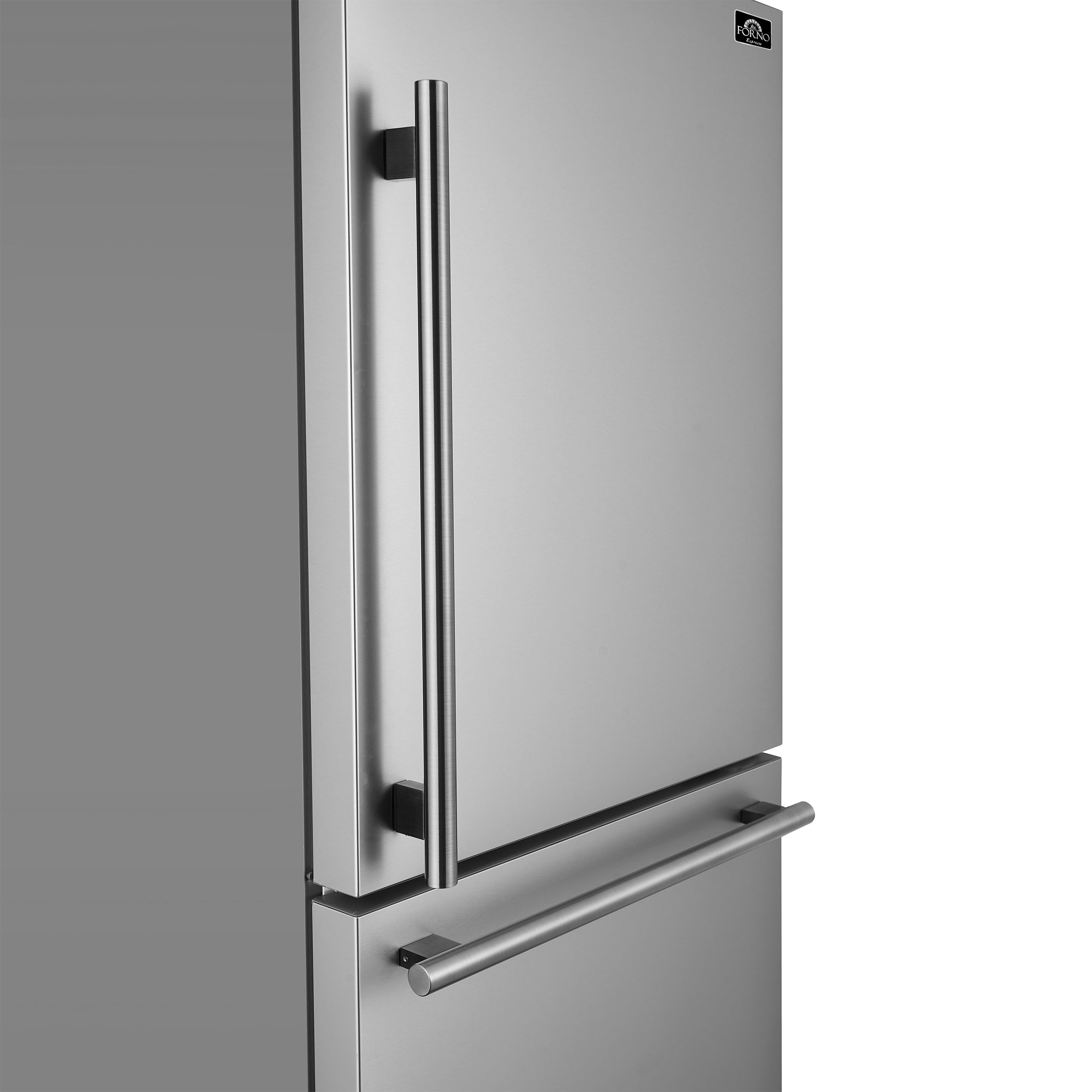 Stainless steel refrigerator door with vertical bar handle and lower dispenser shelf
