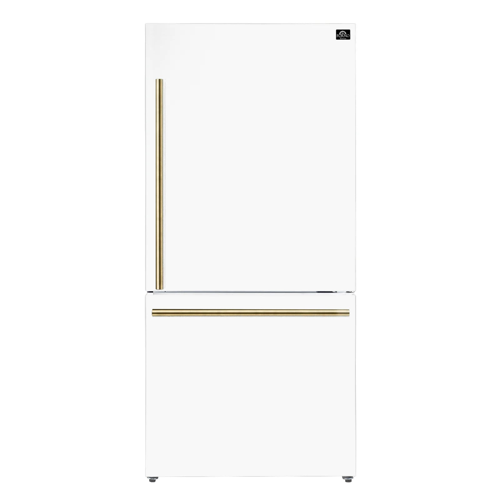 White refrigerator with antique brass trim bar on the upper door handle