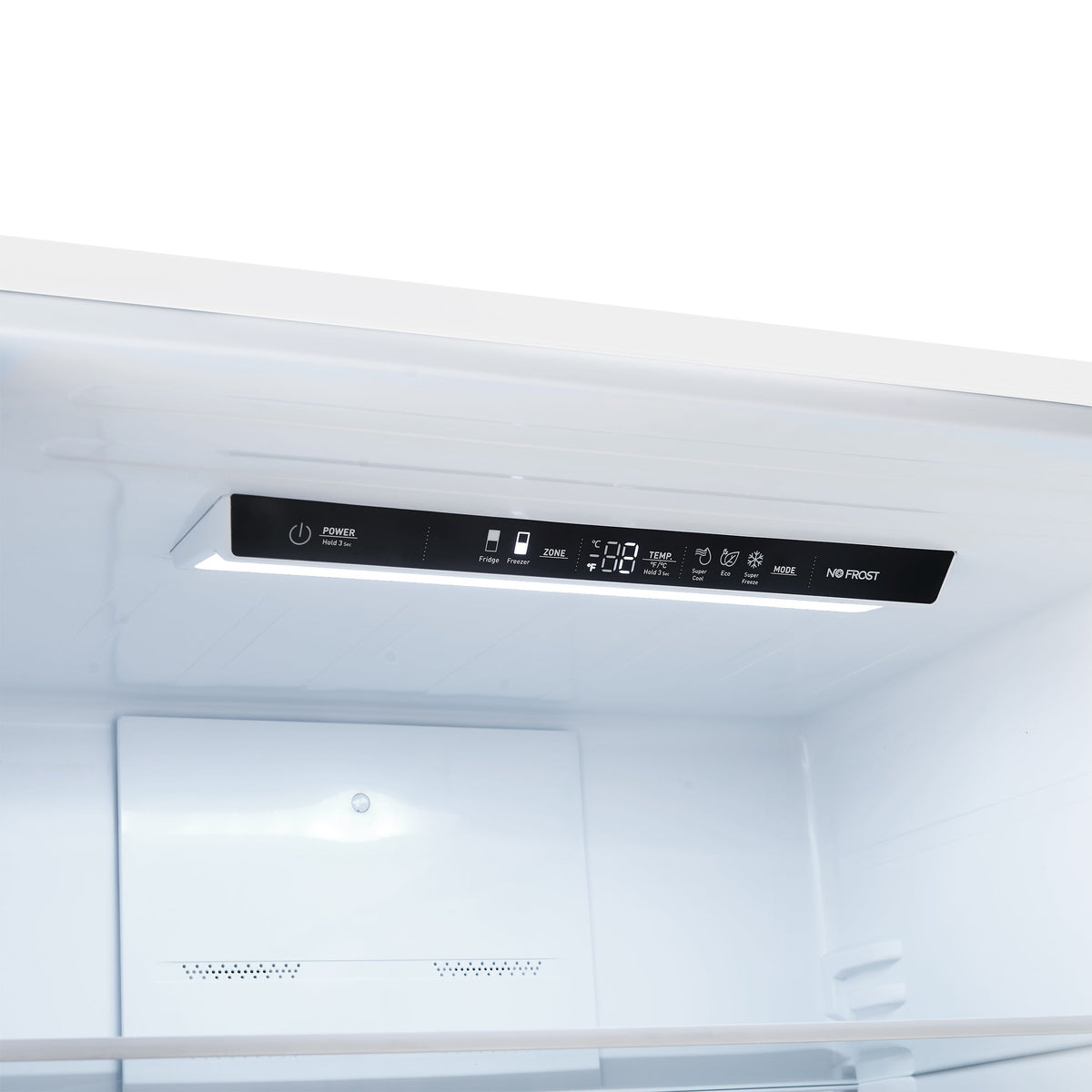 White refrigerator interior with electronic control panel above smooth back wall