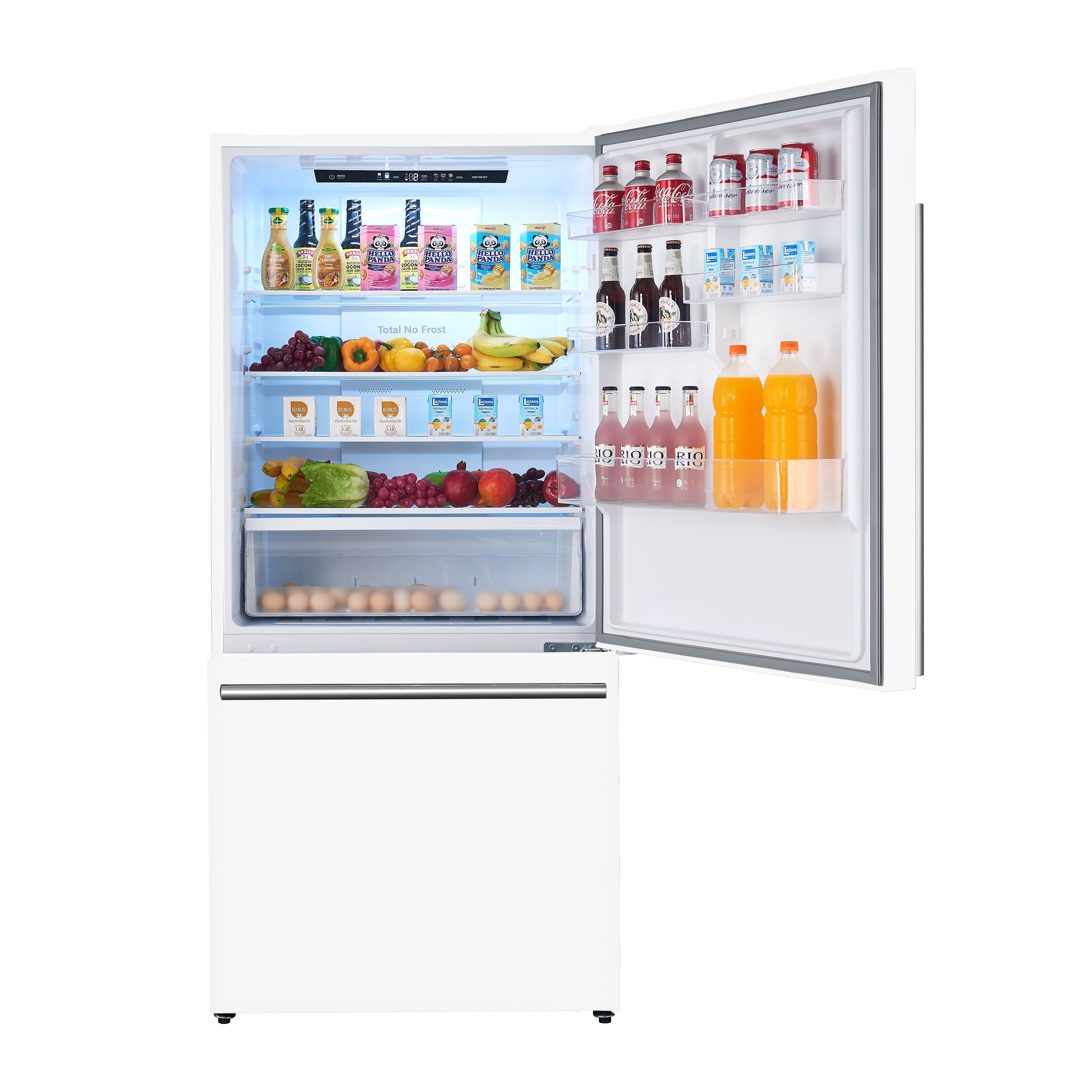 White refrigerator with open doors, interior compartments stocked with food, bottles, and drinks