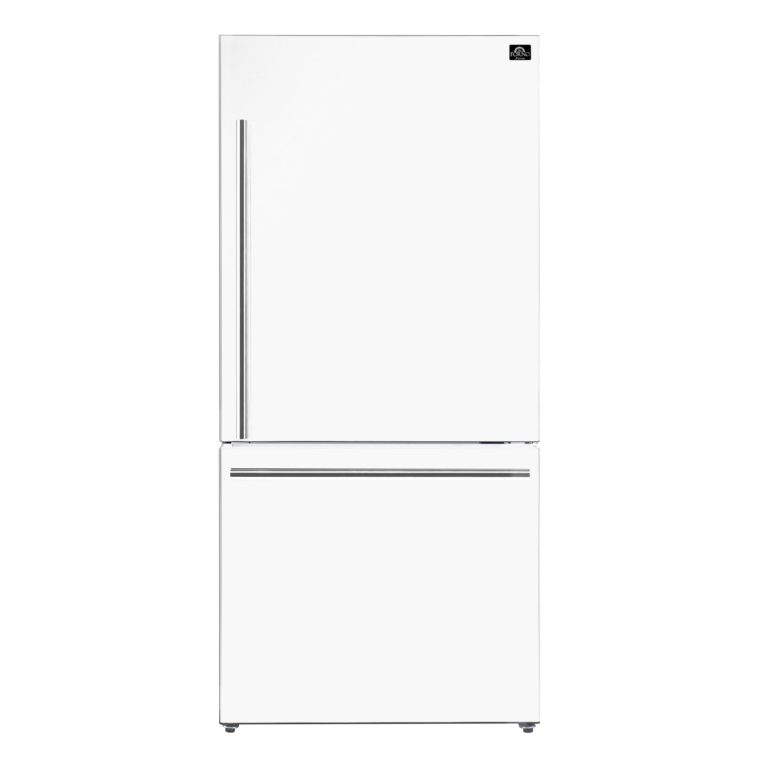 White refrigerator with stainless-steel handle and two-door front view