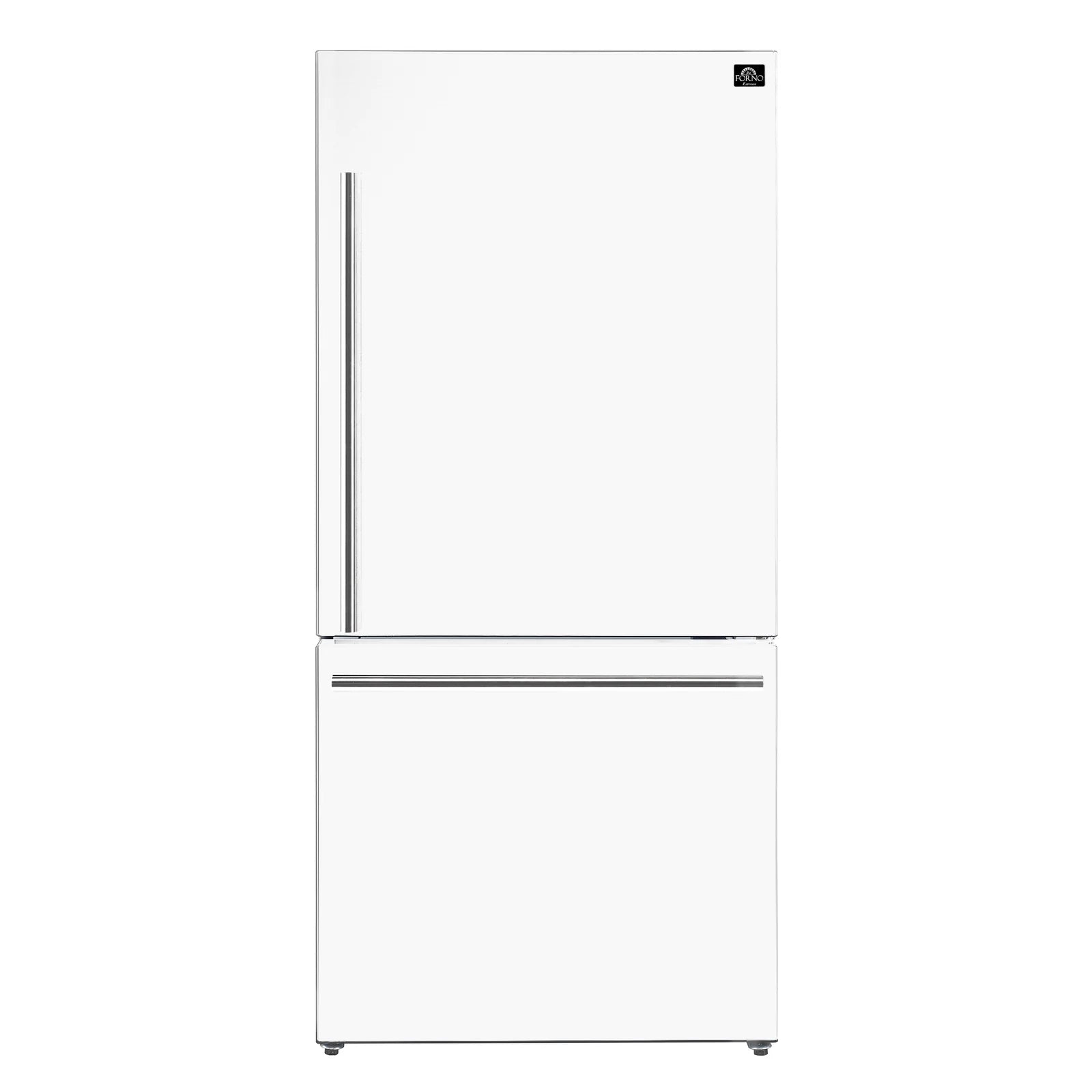 White refrigerator with stainless steel handle, stacked top and bottom doors