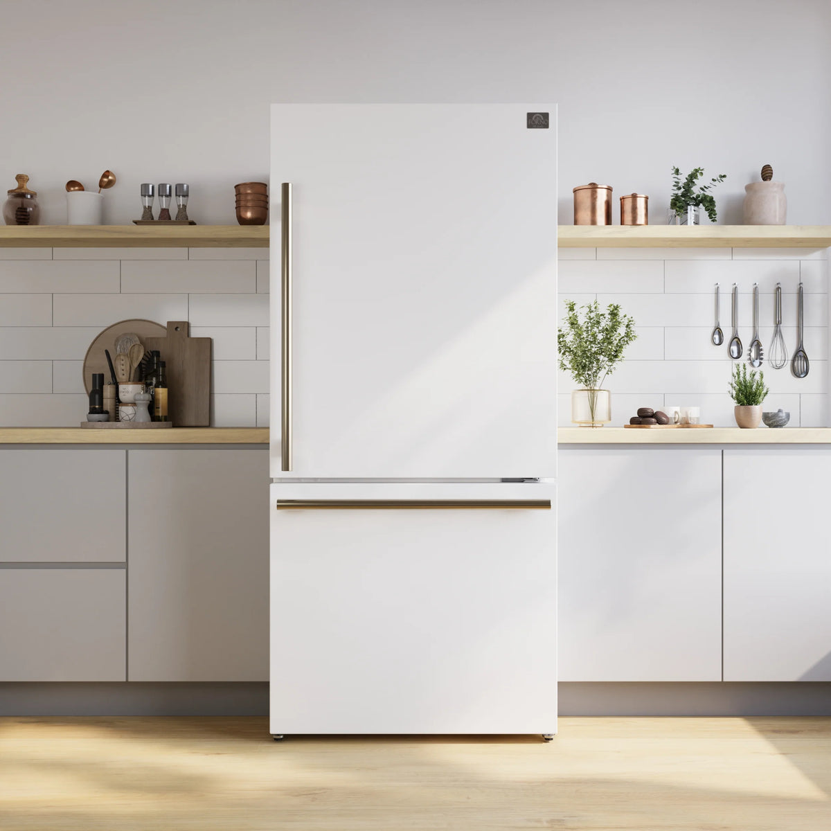 White refrigerator with open upper door and bottom freezer, storage shelves visible