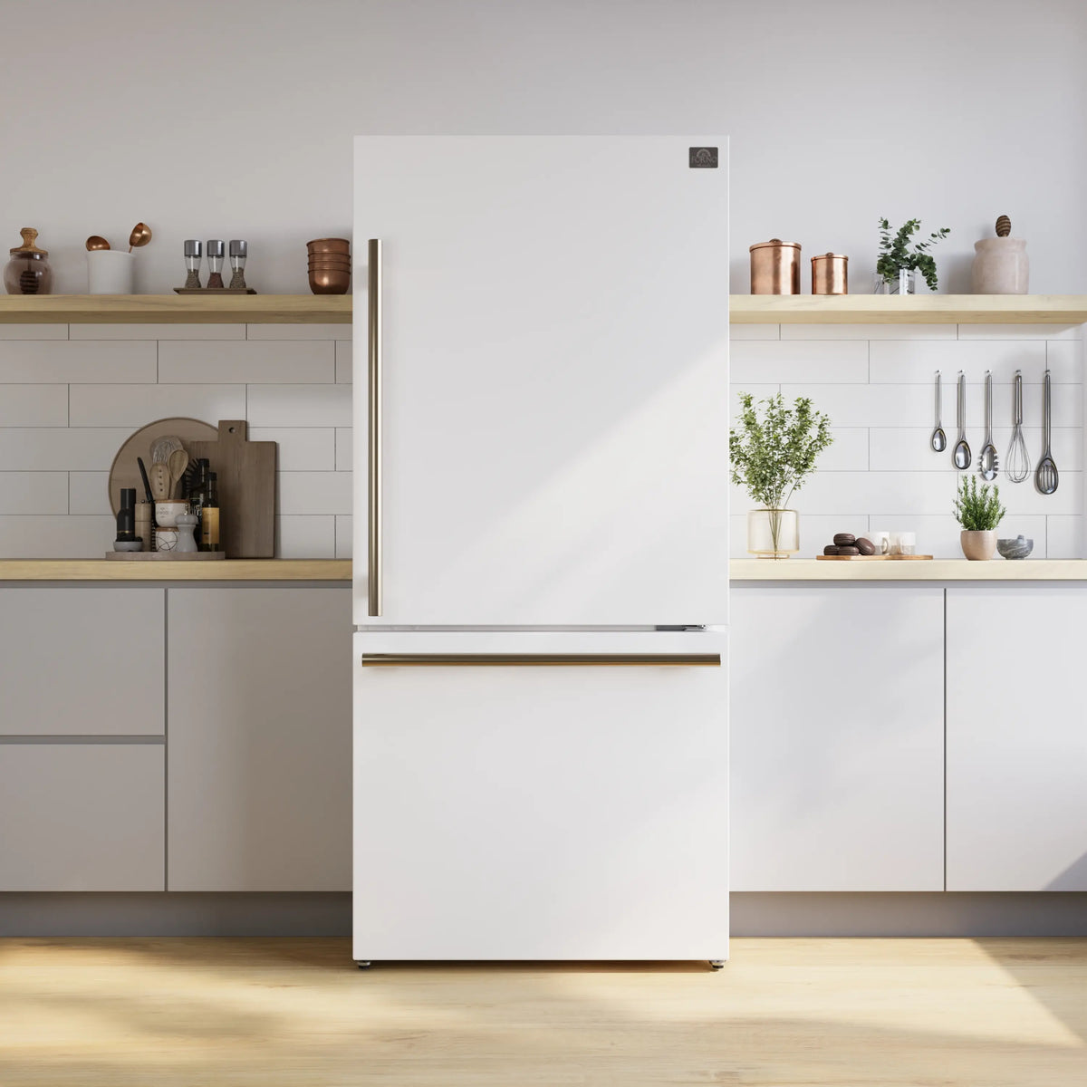 White refrigerator with stainless steel handle and right-side door opening