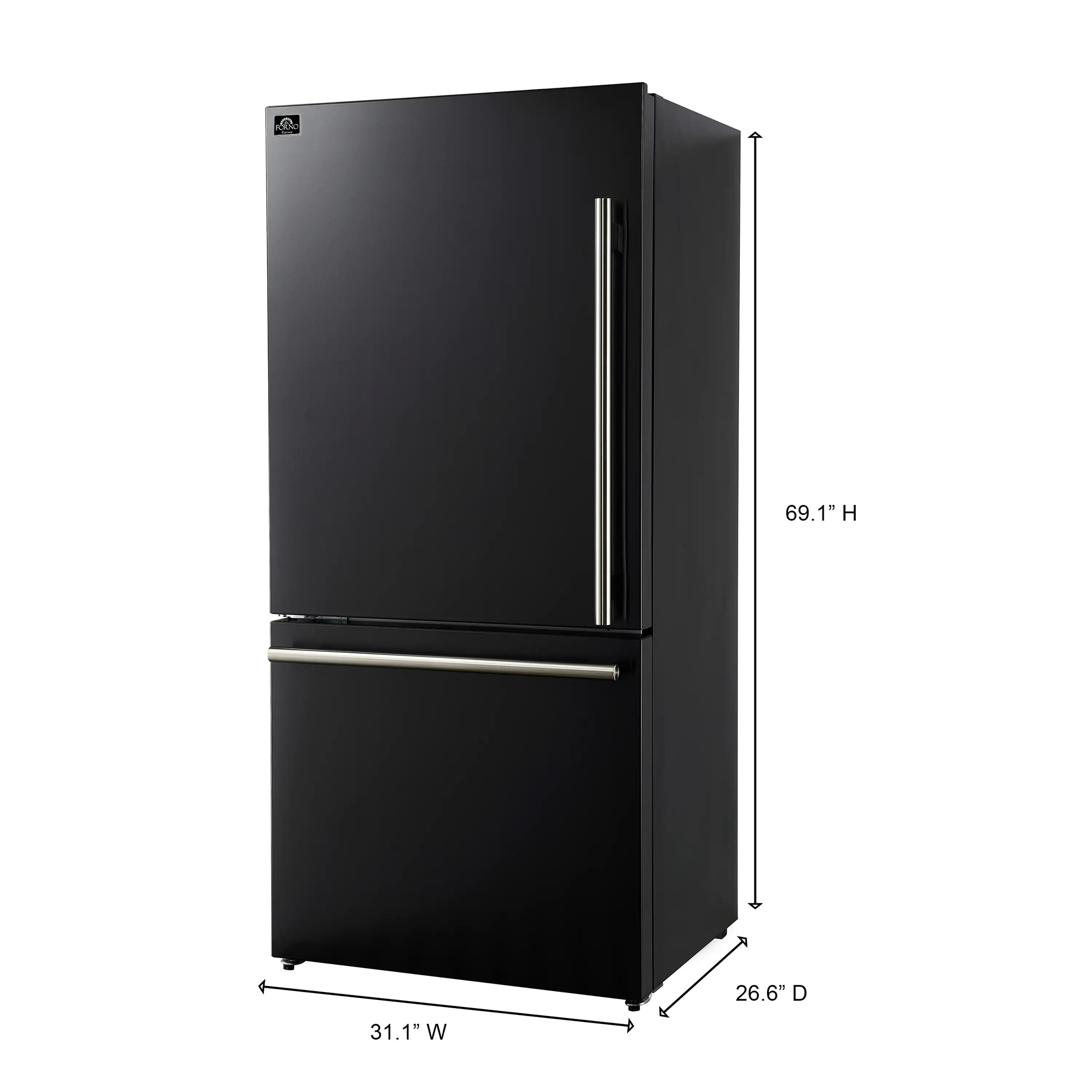 Black bottom-freezer refrigerator with twin stainless vertical handles