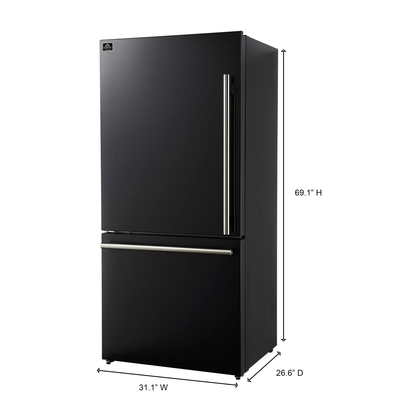 Black refrigerator with stainless steel double handles, full-height view