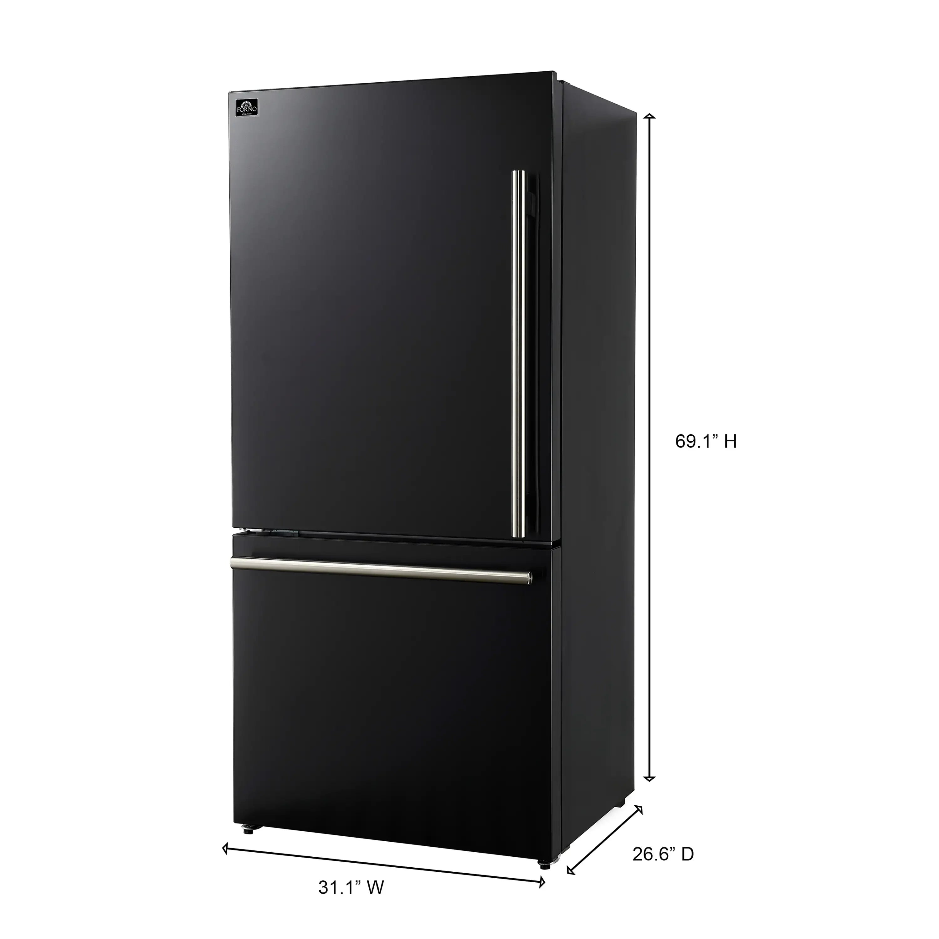Black refrigerator with stainless twin handles, front view and side profile