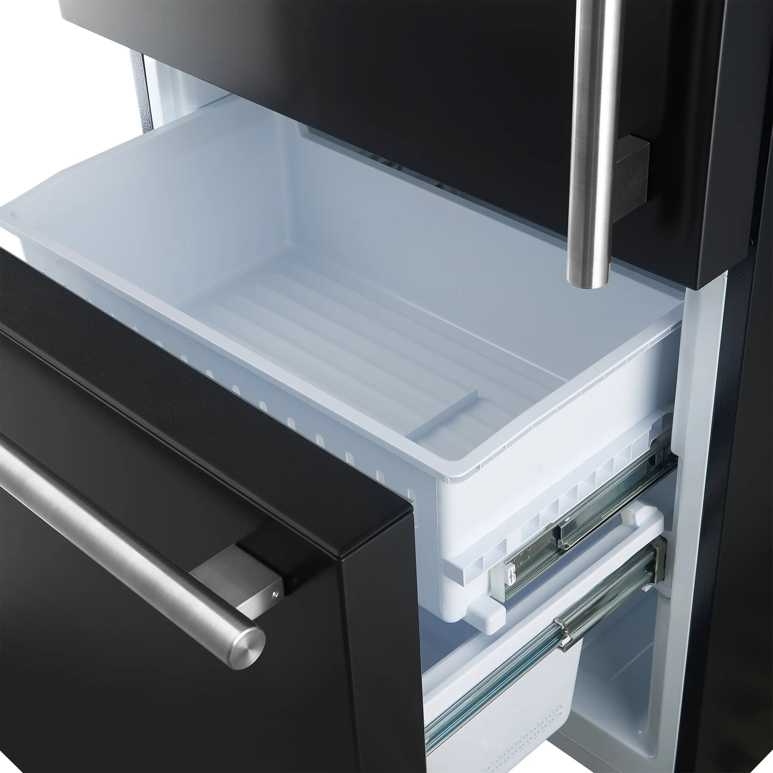 Bottom freezer drawer open with clear bin and metal slide rails