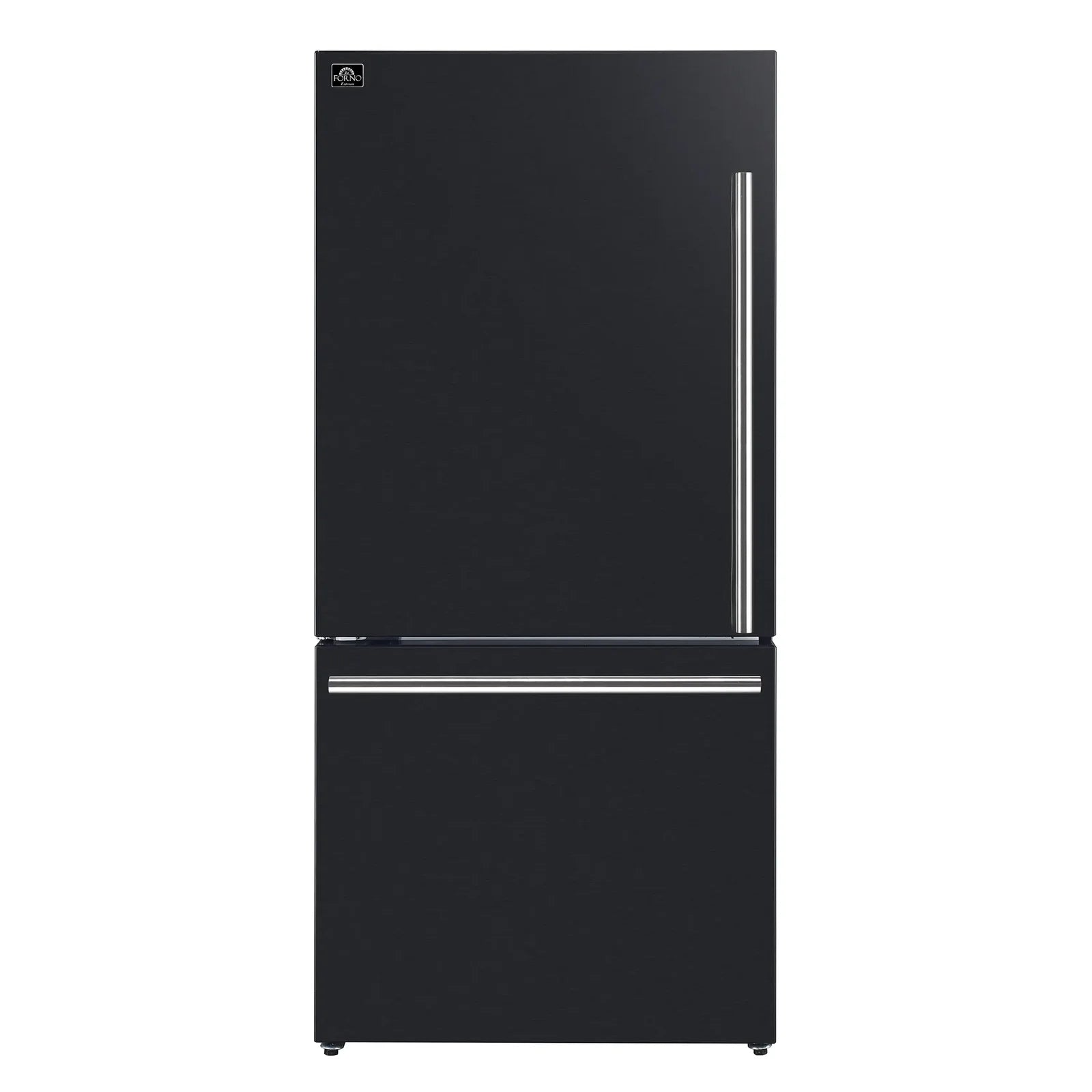 Black top-freezer refrigerator with stainless steel handles, closed
