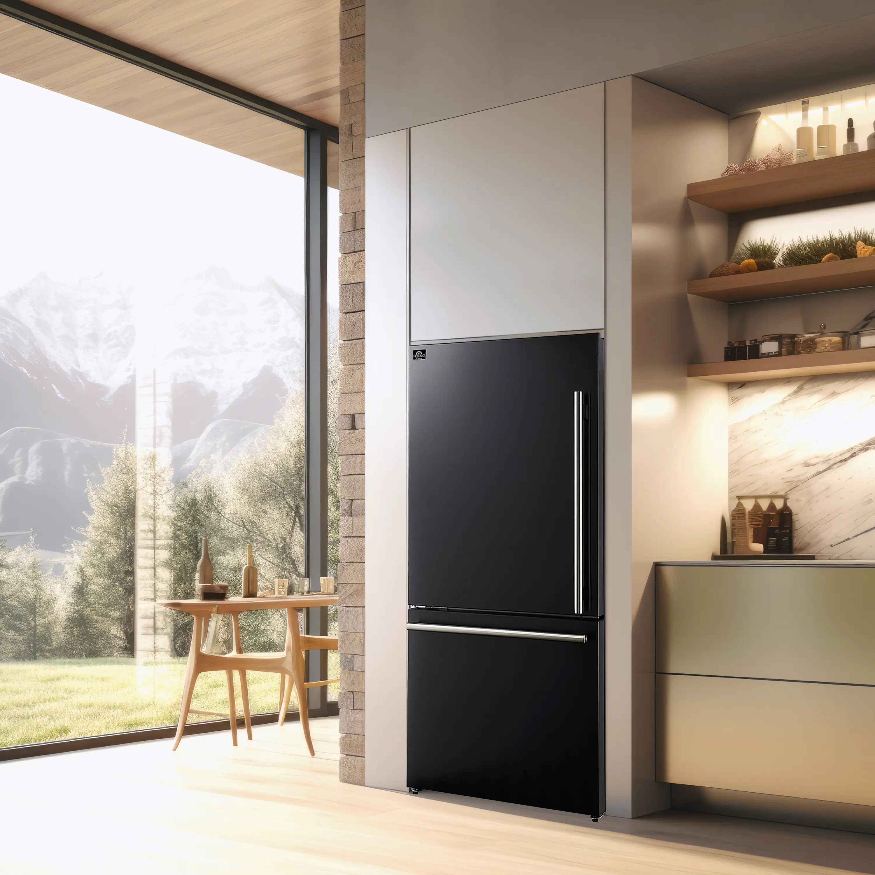 Black bottom-freezer refrigerator with stainless vertical handles