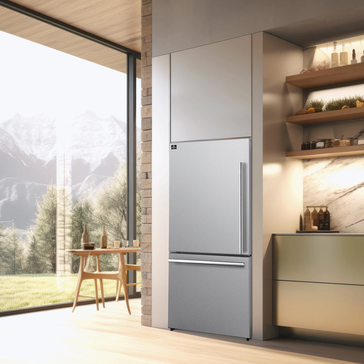 Forno Milano Espresso 31-Inch 17.2 cu. ft. Refrigerator and Bottom Freezer in Stainless Steel with Stainless Steel Trim, Left Hinge shown in a styled kitchen