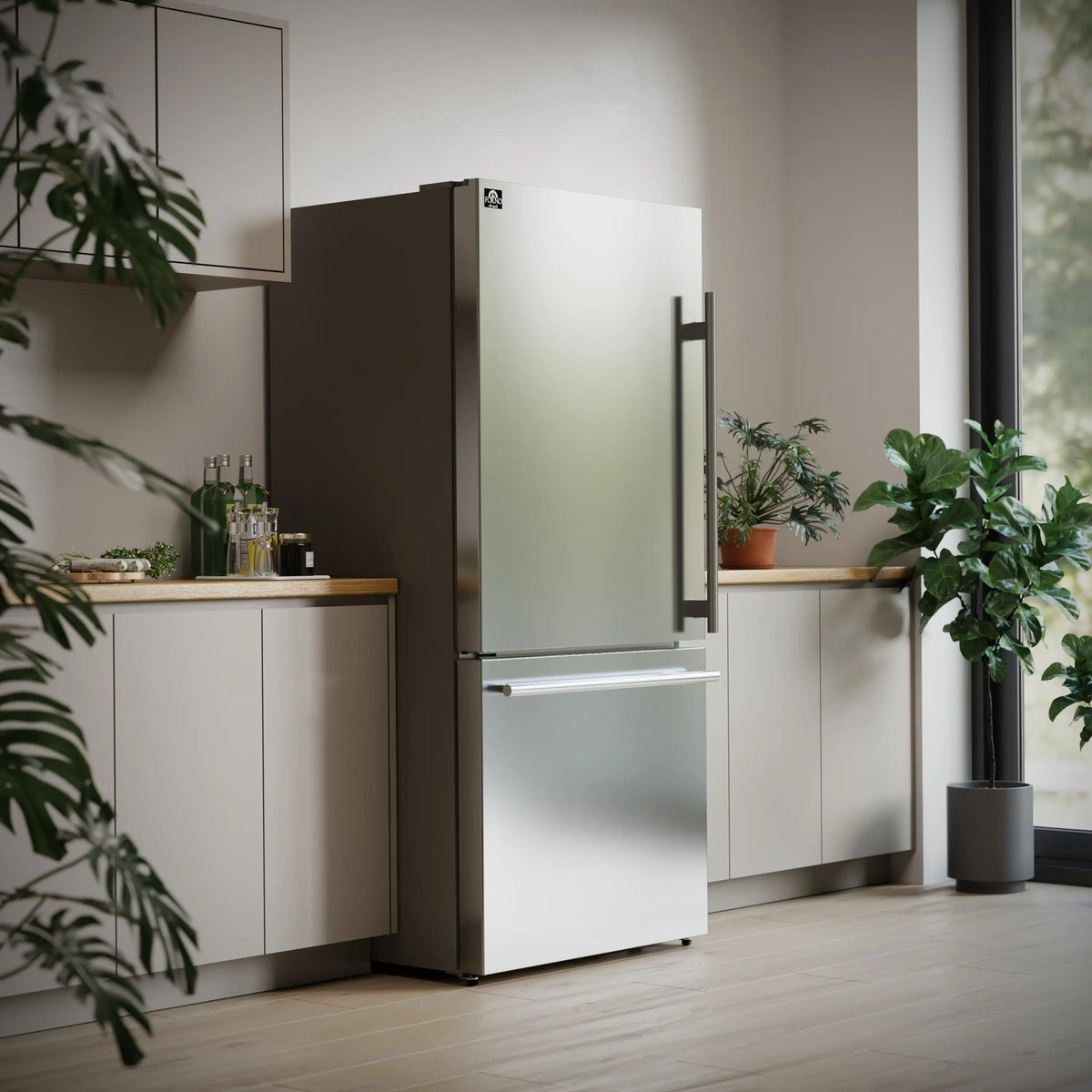 Stainless refrigerator with doors open, showing freezer and refrigerator compartments