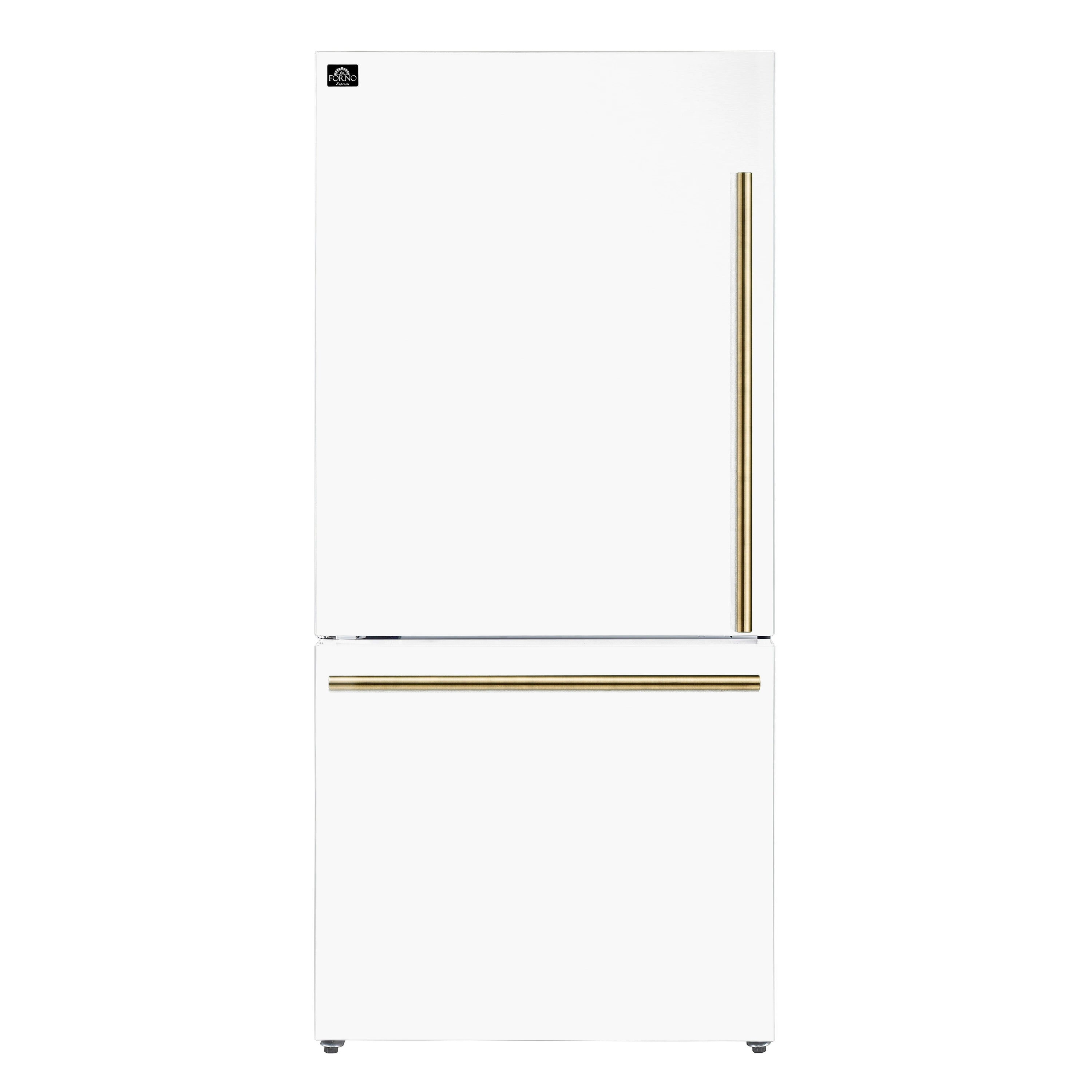 White refrigerator with antique brass bar handle on top compartment