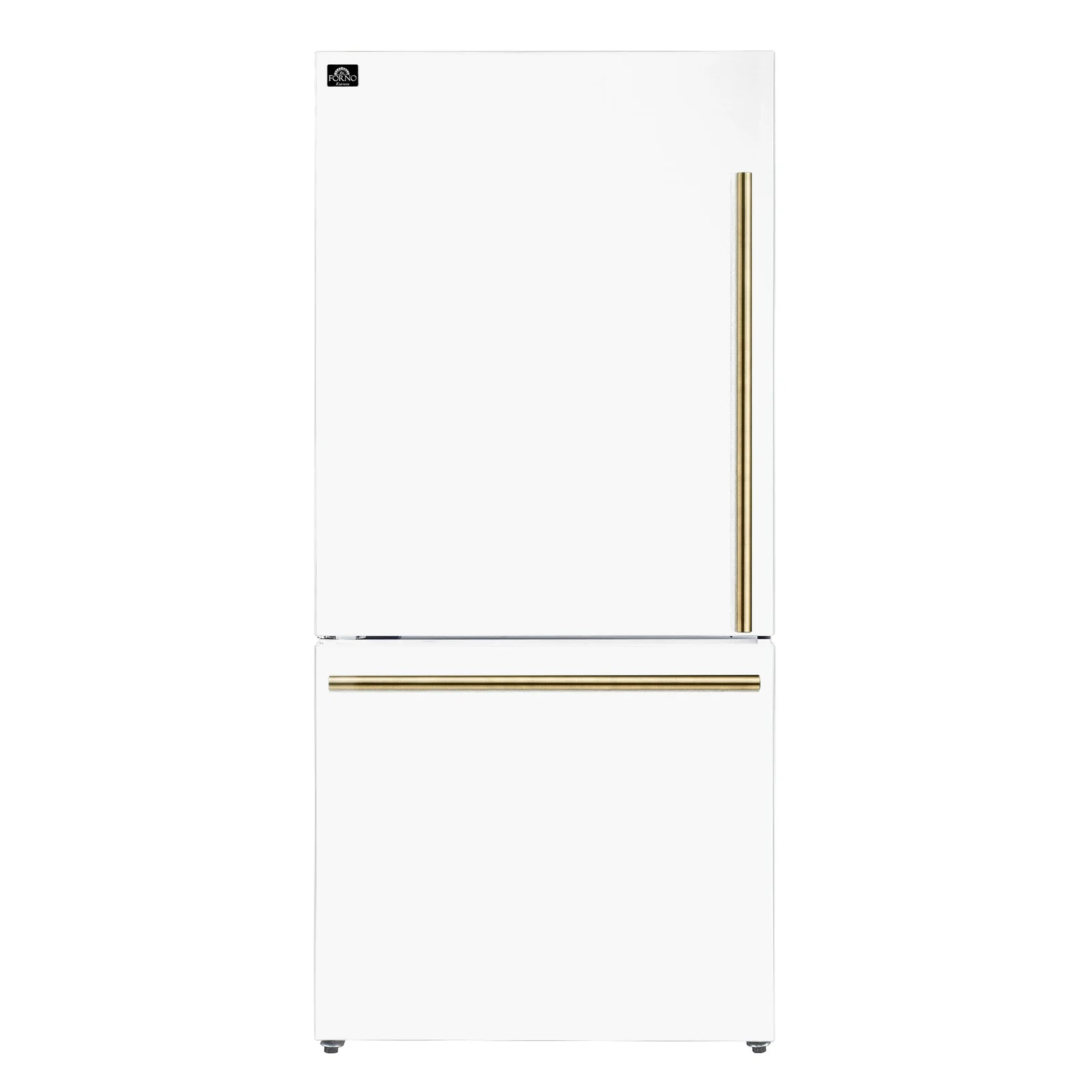White refrigerator door front with antique brass handle bar and side trim