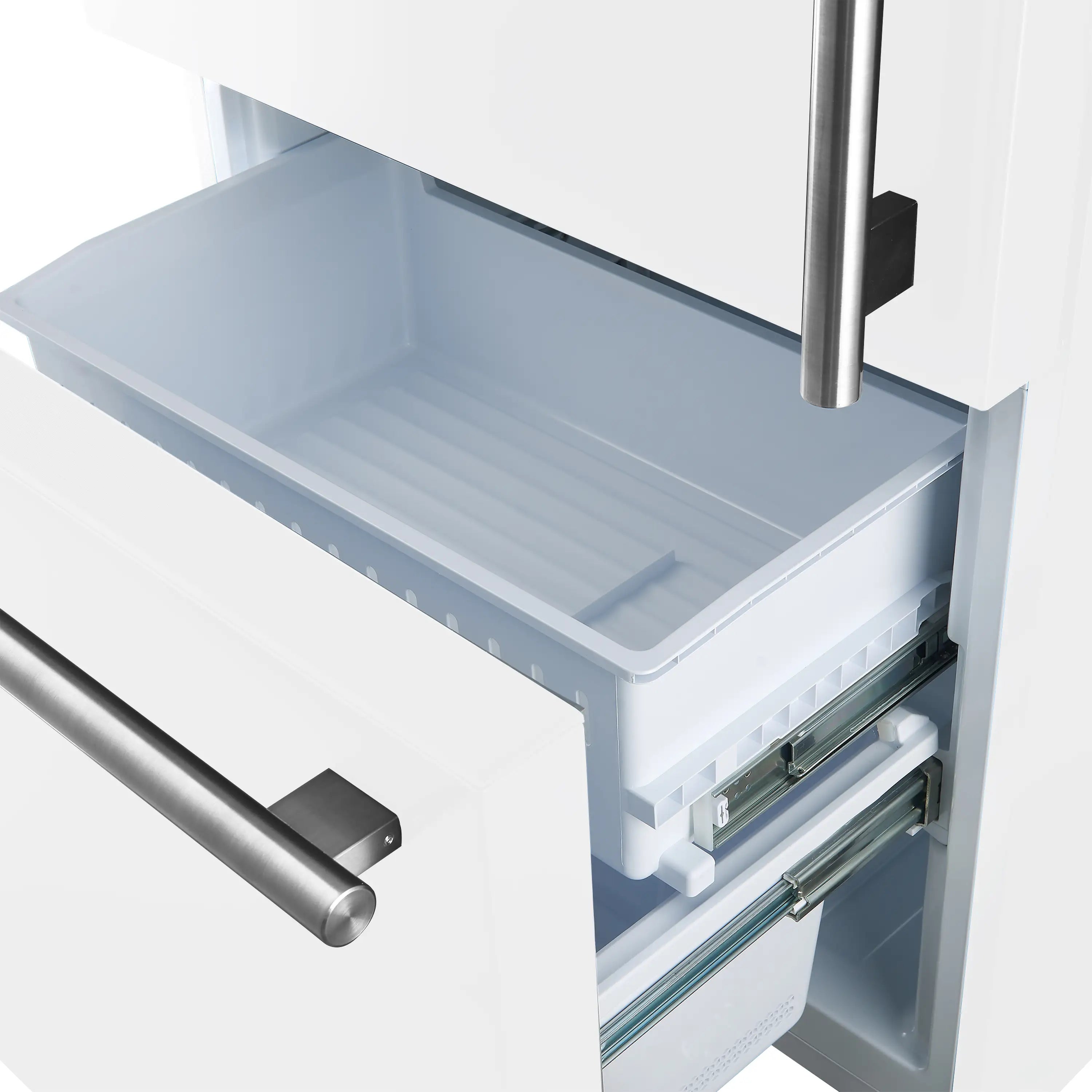 Slide-out freezer drawer with smooth rails and plastic bin