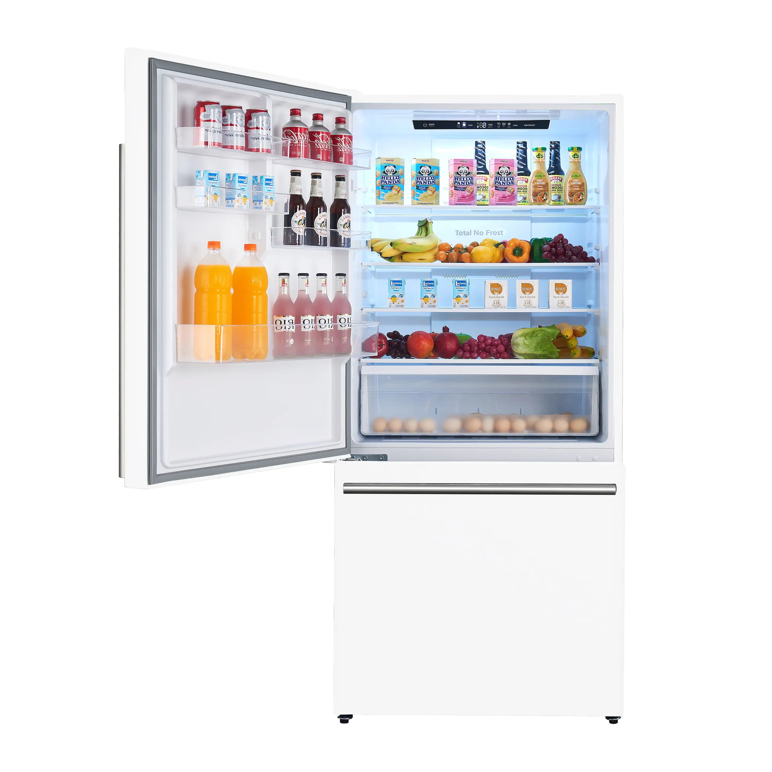 White refrigerator door open with interior shelves and door compartments