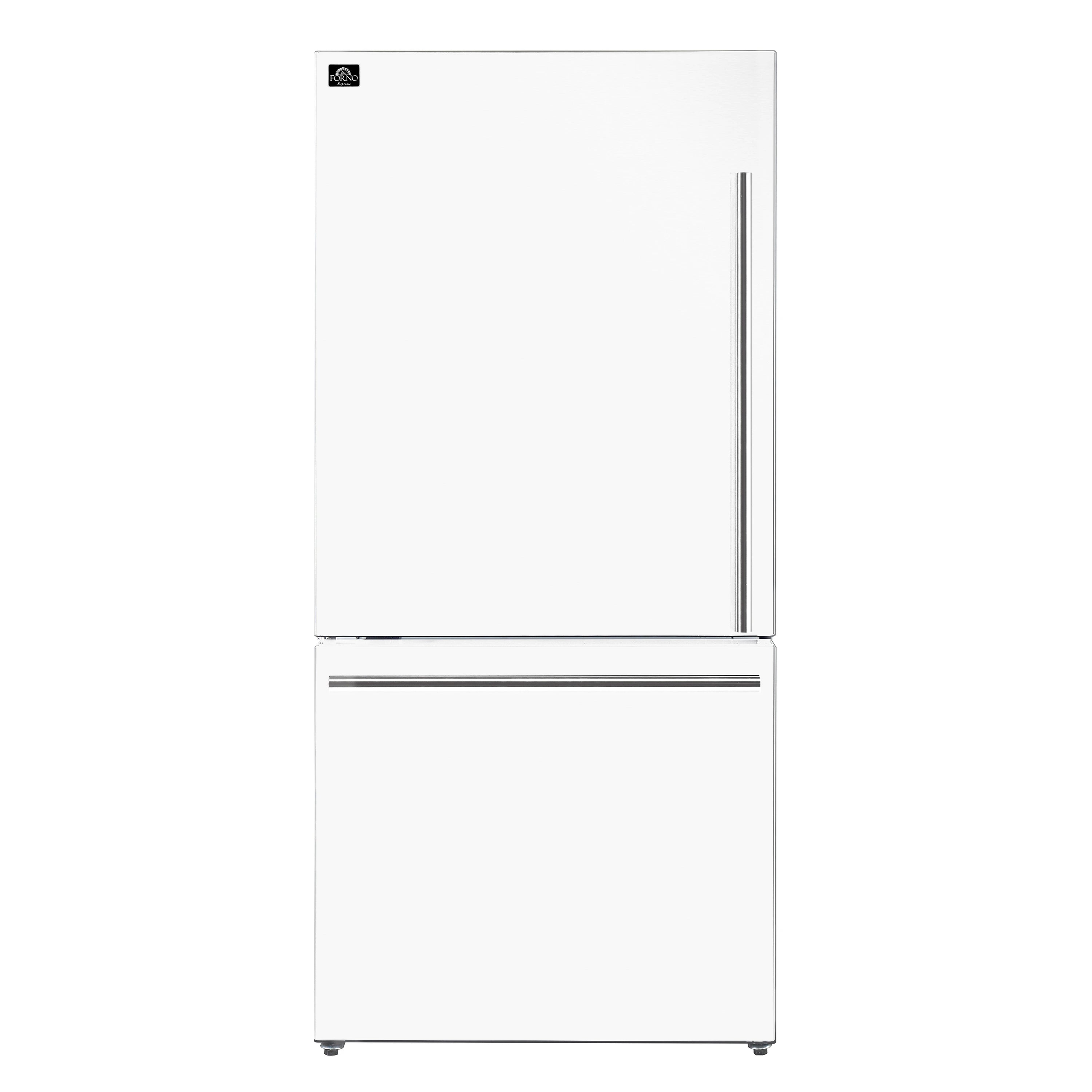 White refrigerator with bottom freezer and stainless steel handle