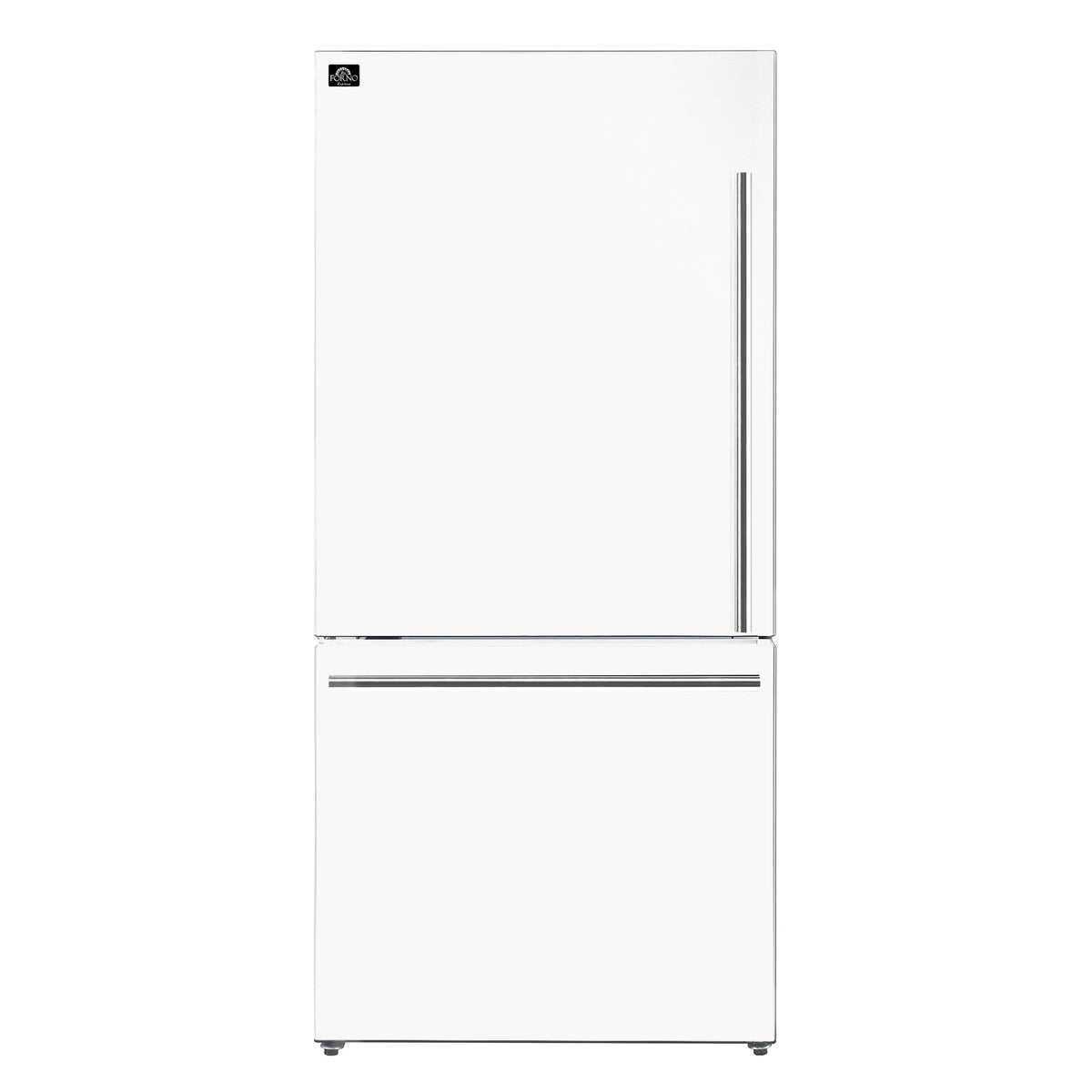 White 31-inch refrigerator with stainless vertical handle and clean flat door design