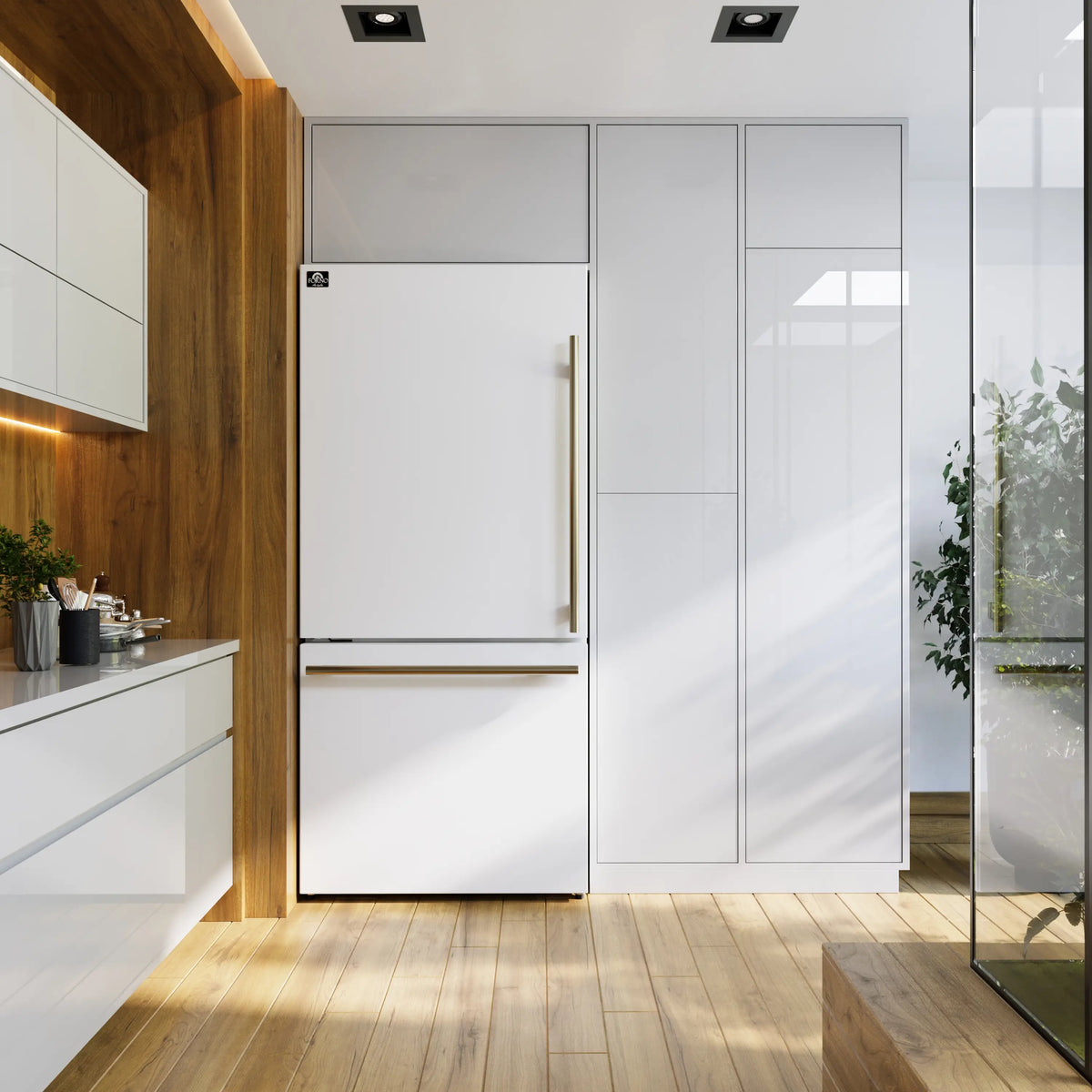 White refrigerator with antique brass handle, shown in a kitchen corner.