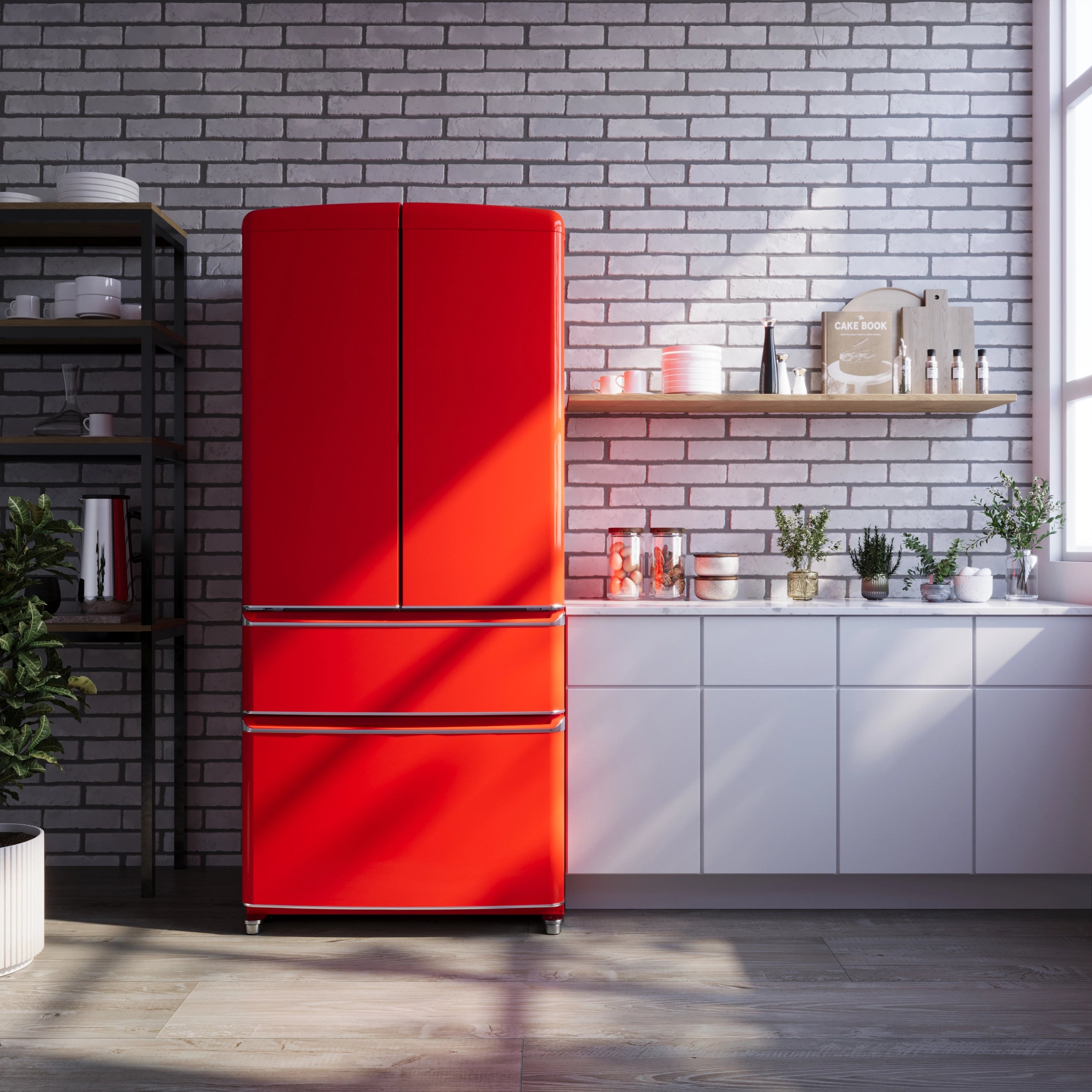 Red French door refrigerator with bottom freezer drawers and double-door top section.
