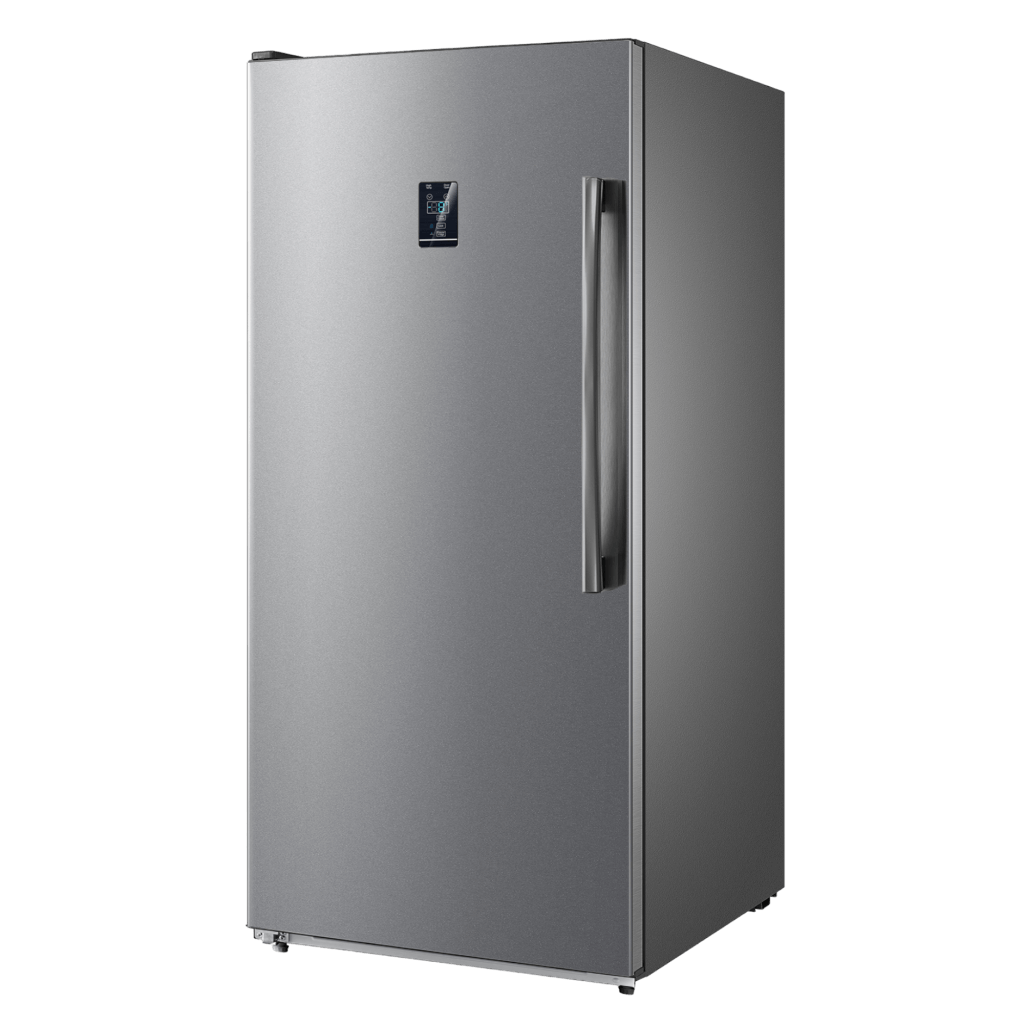 Stainless steel refrigerator-freezer with integrated handle and digital door control