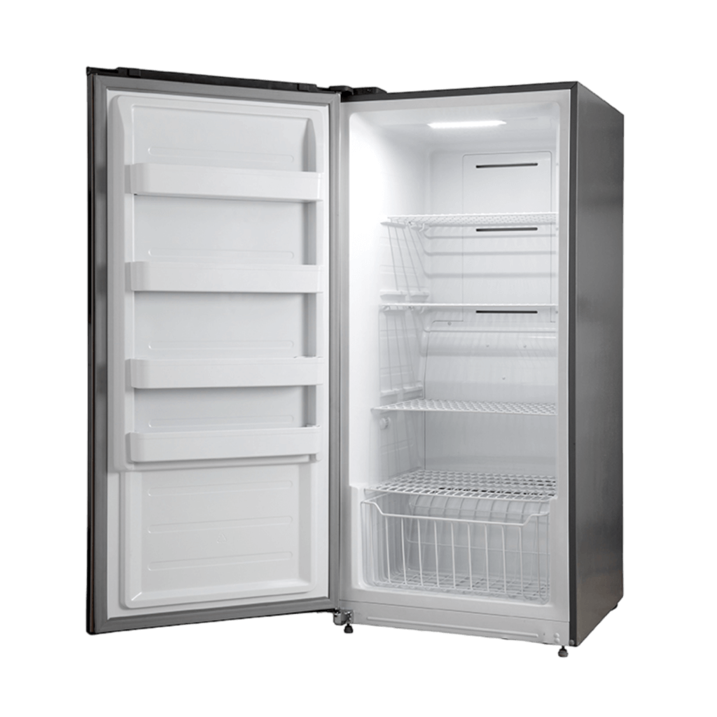 Refrigerator-freezer with door open showing interior shelves and wire storage basket