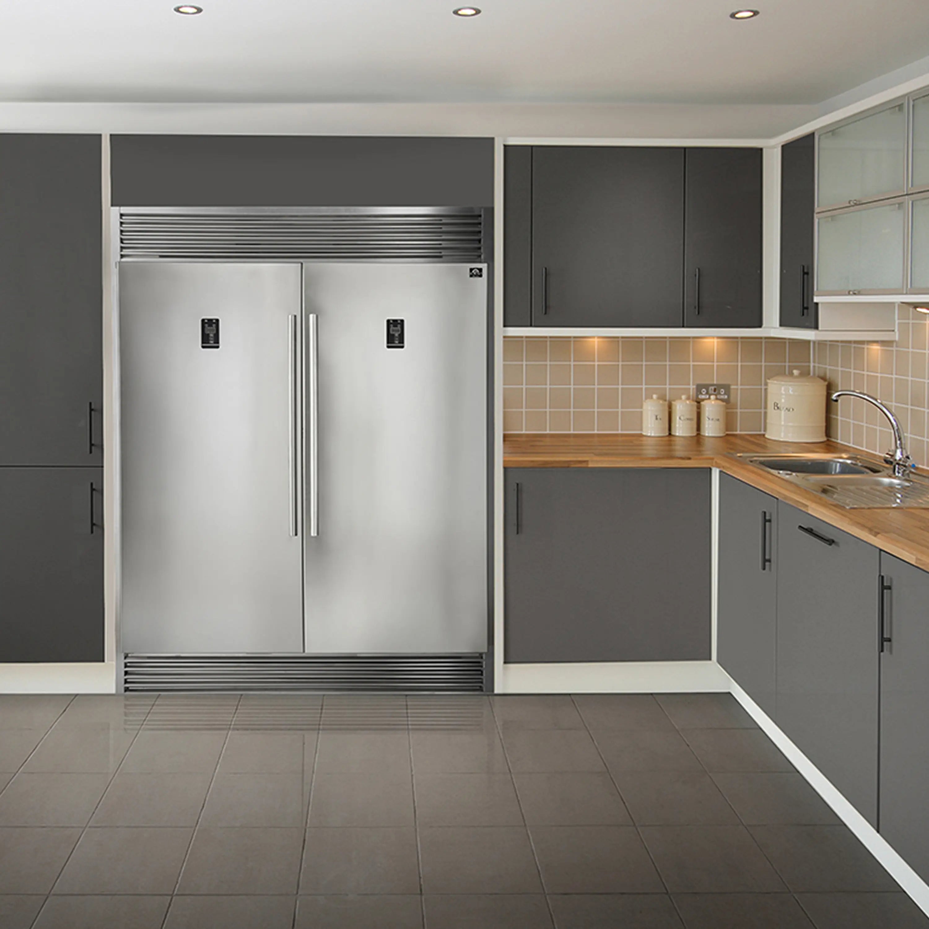 Built-in stainless steel convertible refrigerator/freezer with grille trim, doors closed