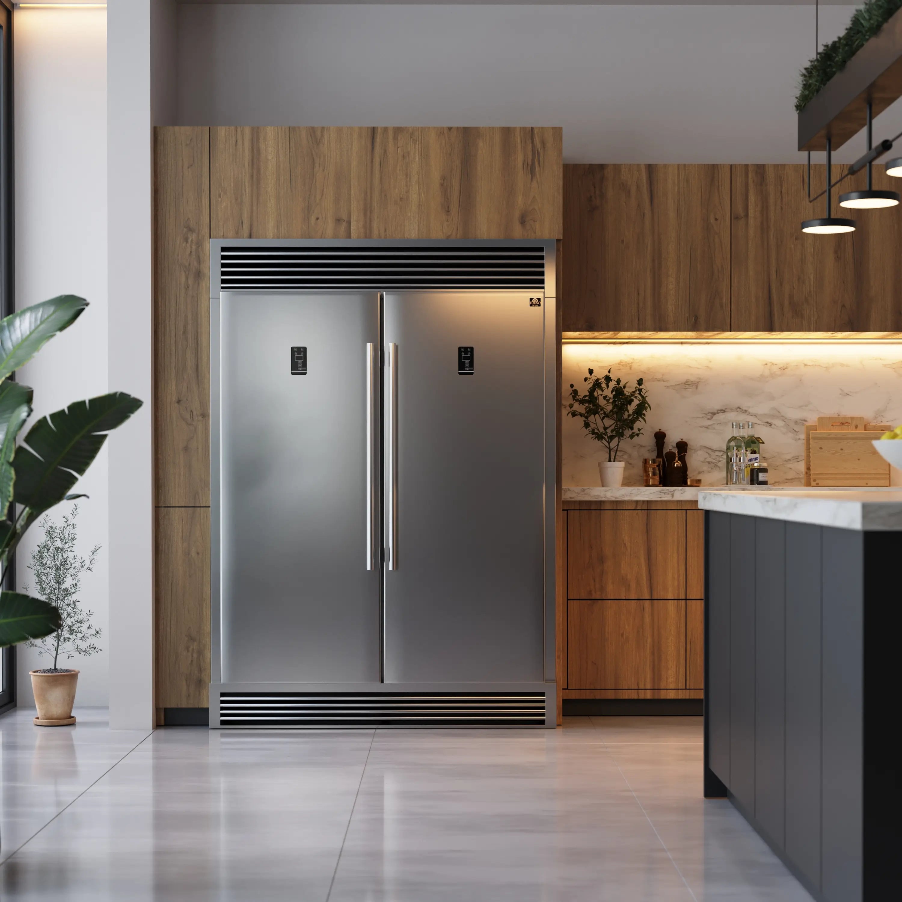 Built-in stainless steel convertible refrigerator/freezer with grille trim in a kitchen setting