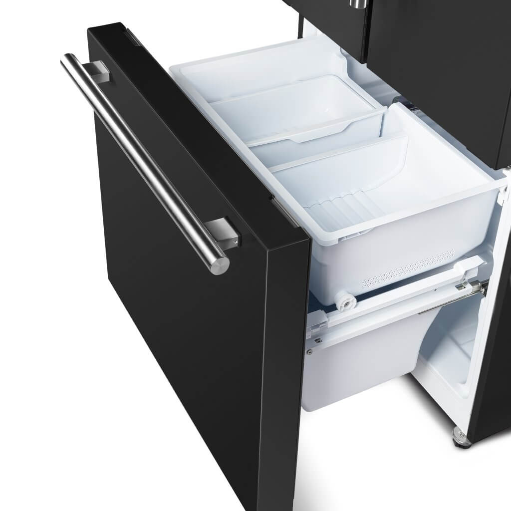 French door refrigerator freezer drawer with pull-out tray and side handle