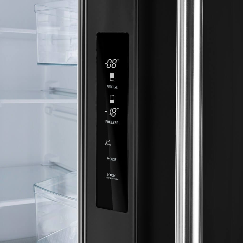 Black refrigerator control panel with digital display and labeled buttons