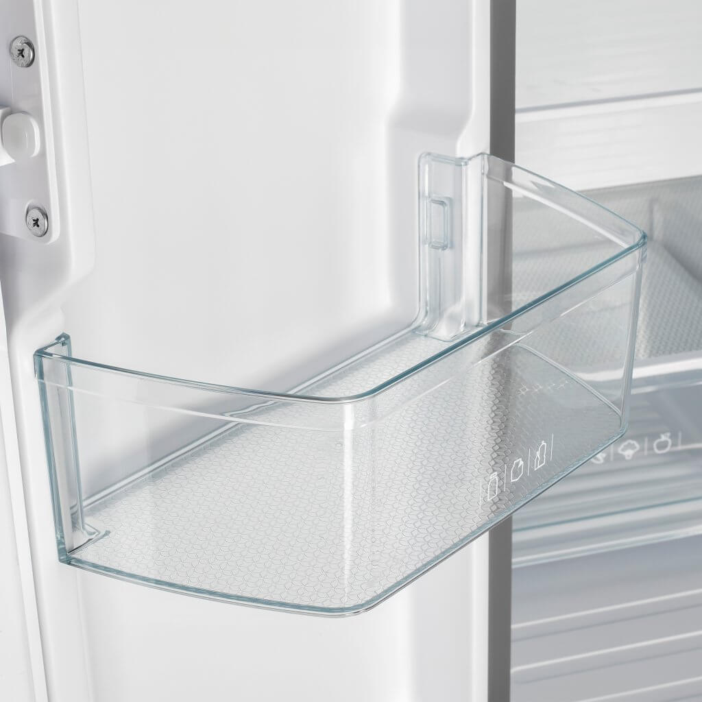 Refrigerator door bin with clear glass shelf and white mounting frame