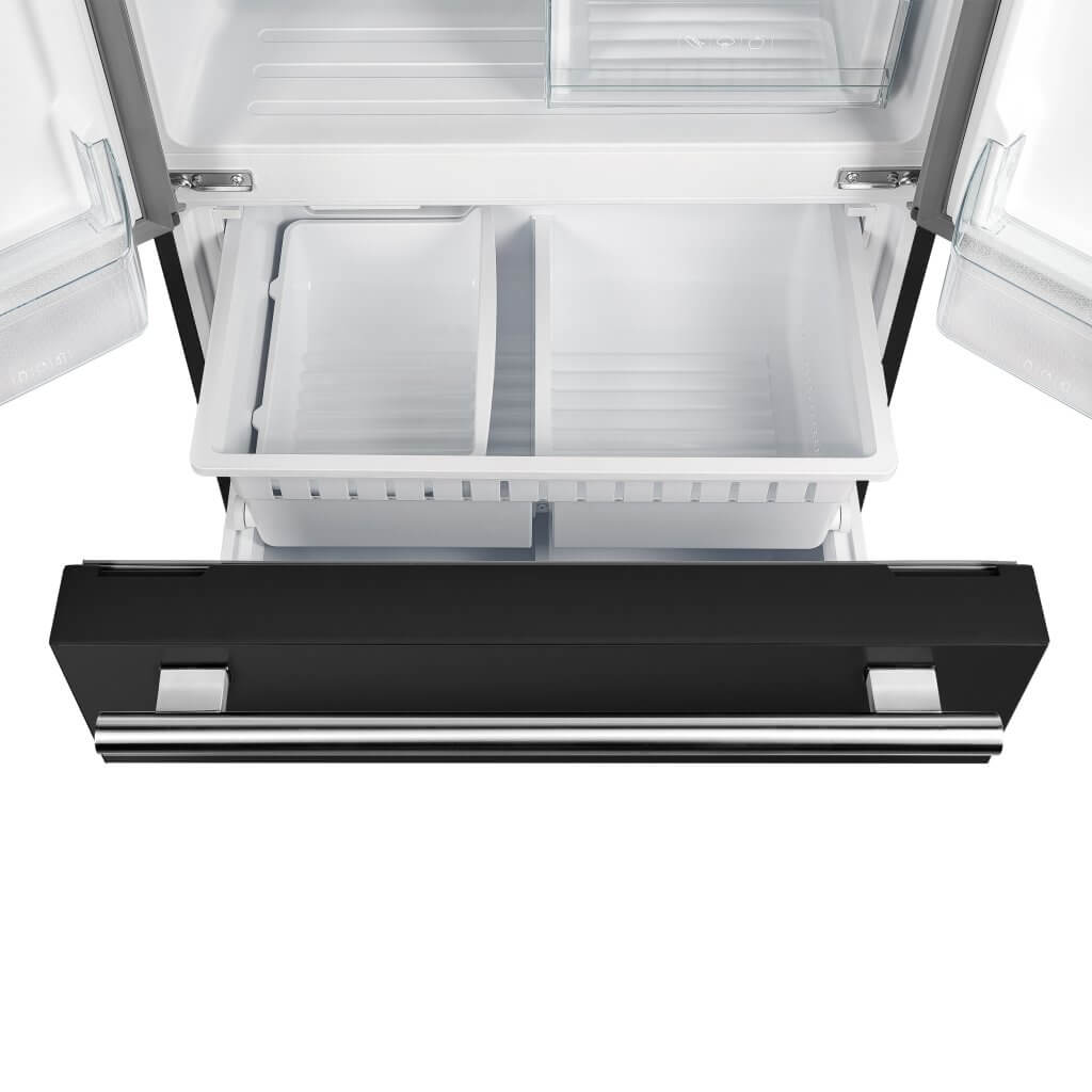 French door refrigerator interior with open doors and pull-out air filter panel