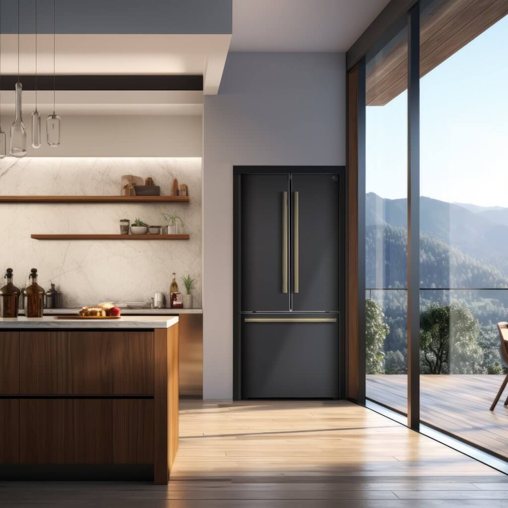 Black French door refrigerator with stainless handles and bottom freezer compartment