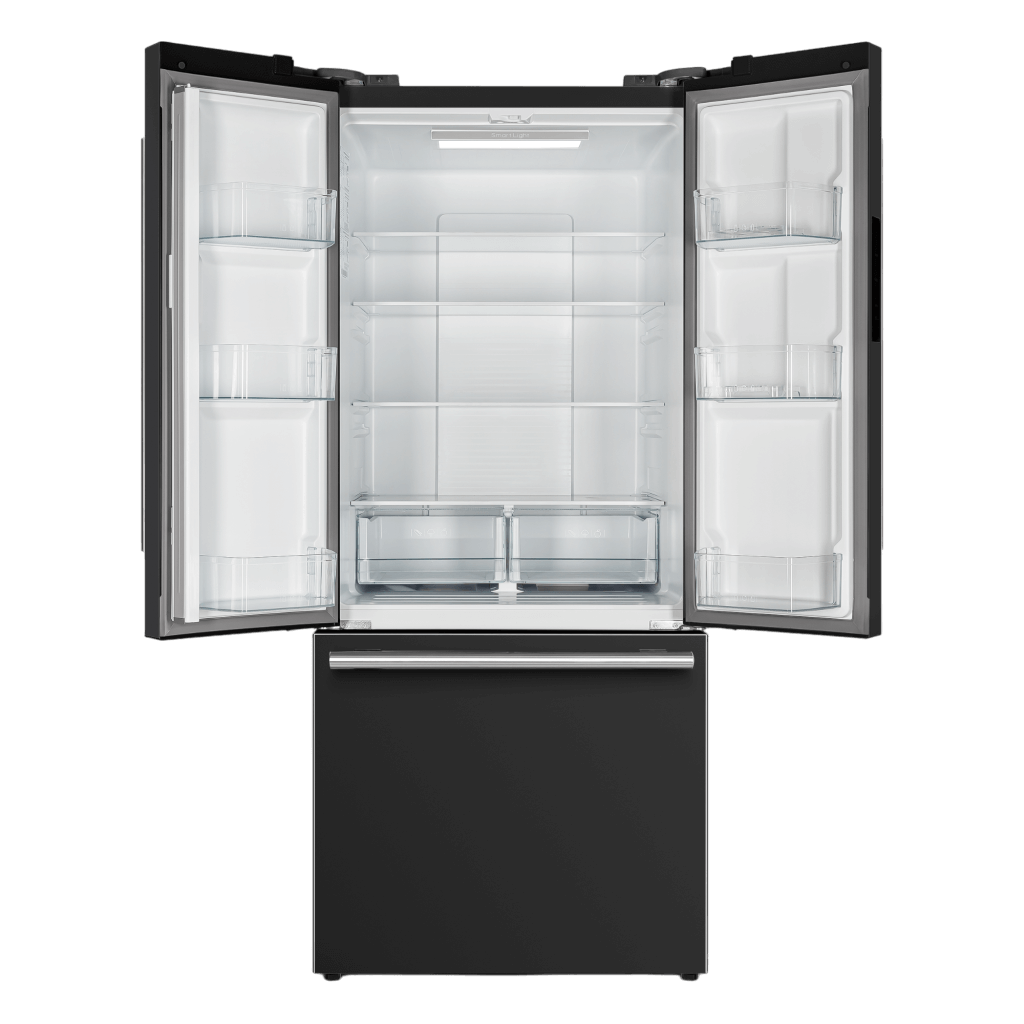 Open black French door refrigerator with visible shelves and crisper drawers