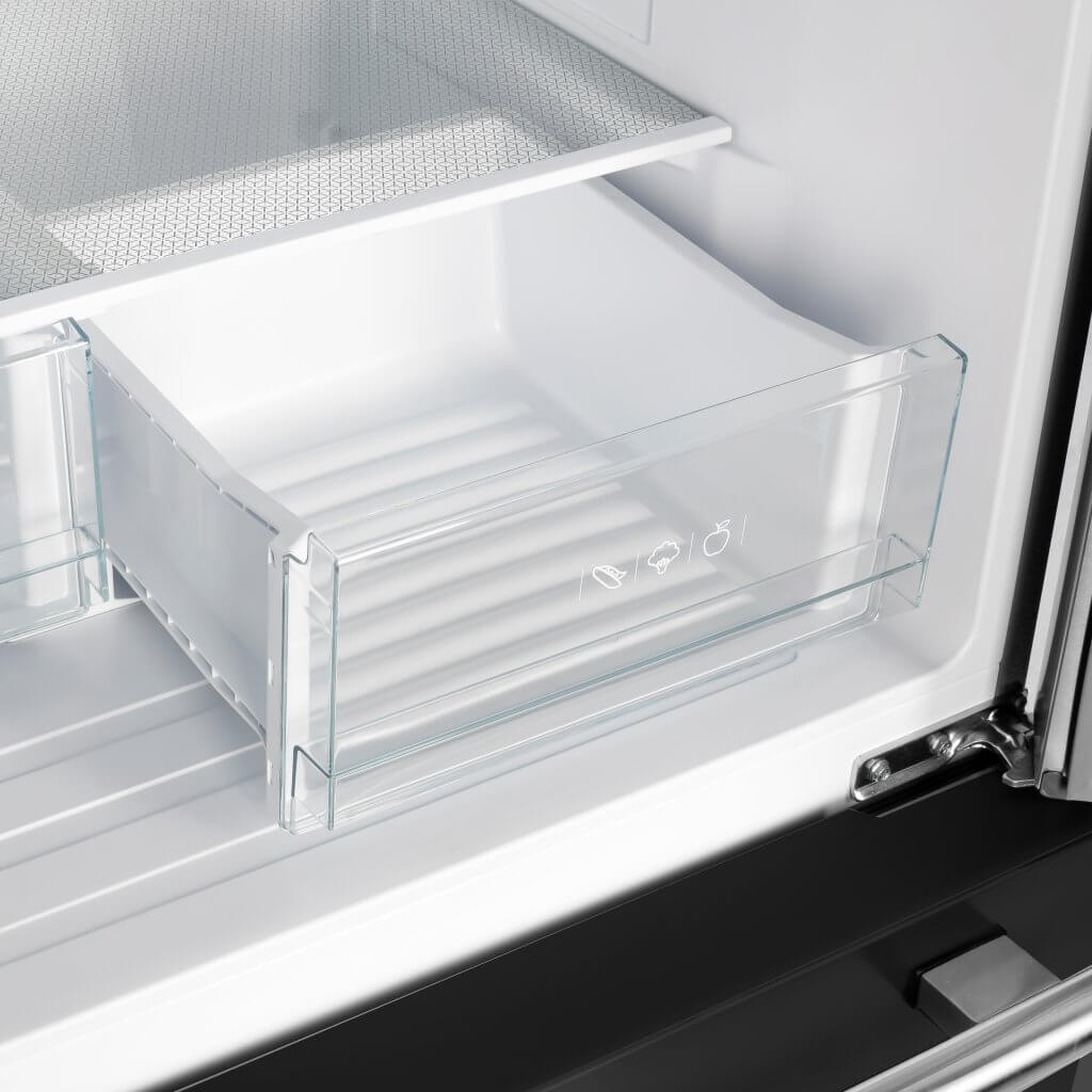 Freezer drawer bin with clear container and white storage shelf inside door