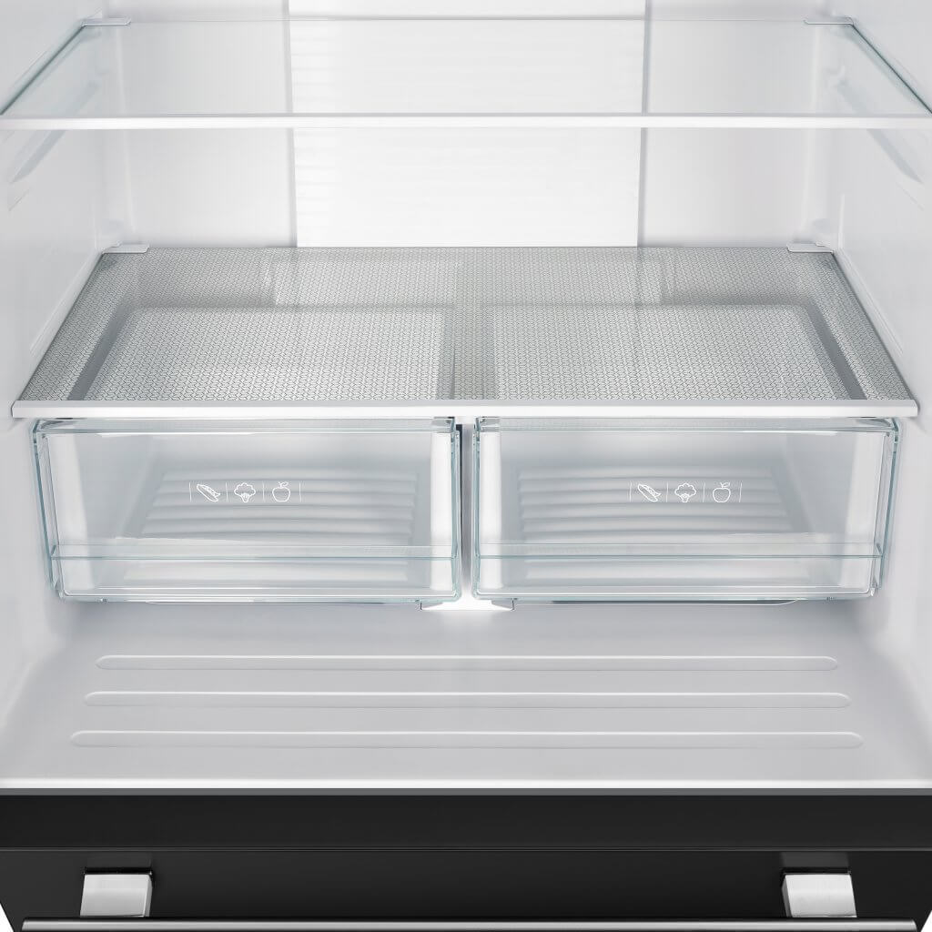 Refrigerator crisper drawers with mesh lids inside open black French door unit