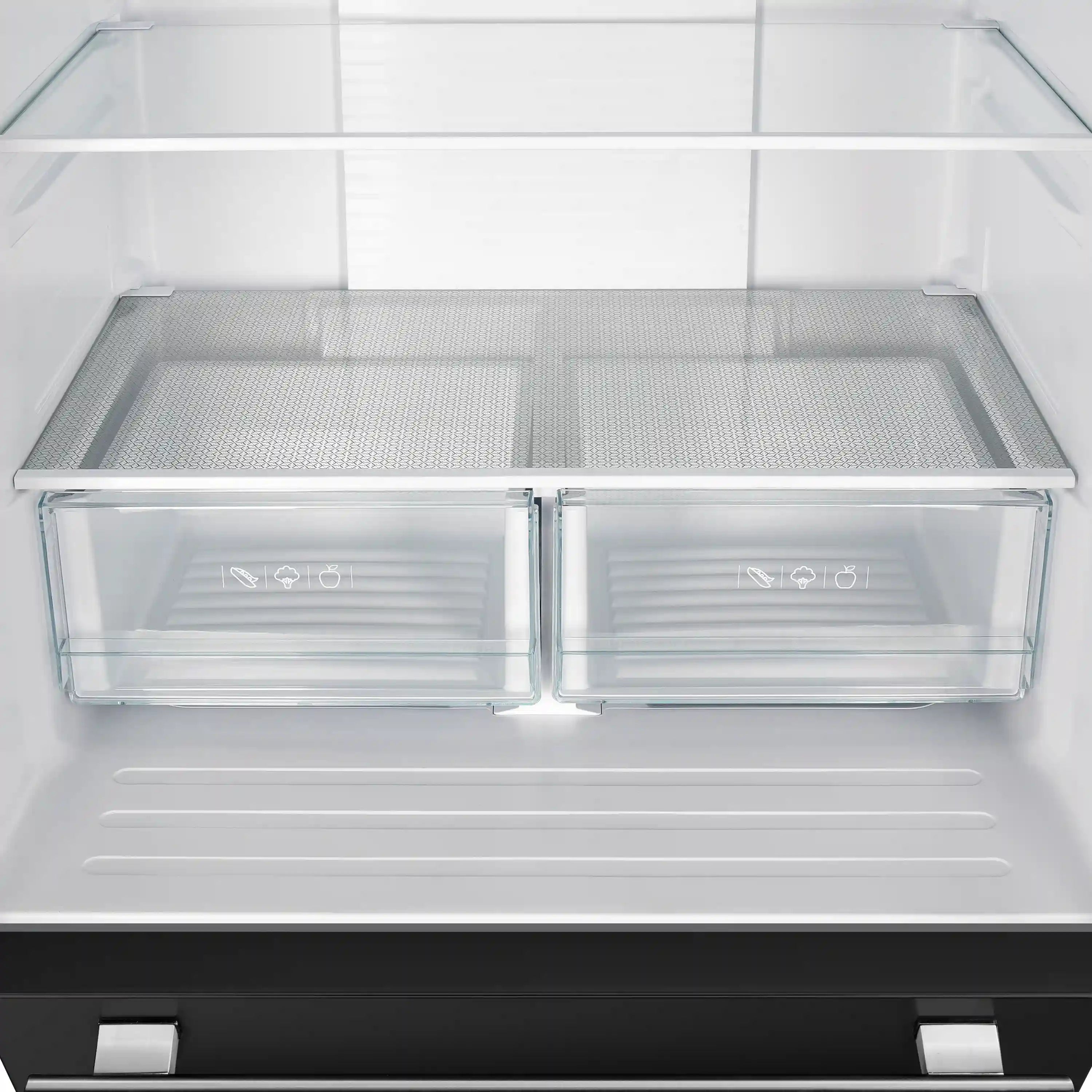 Refrigerator freezer drawer interior with clear bins and white storage base