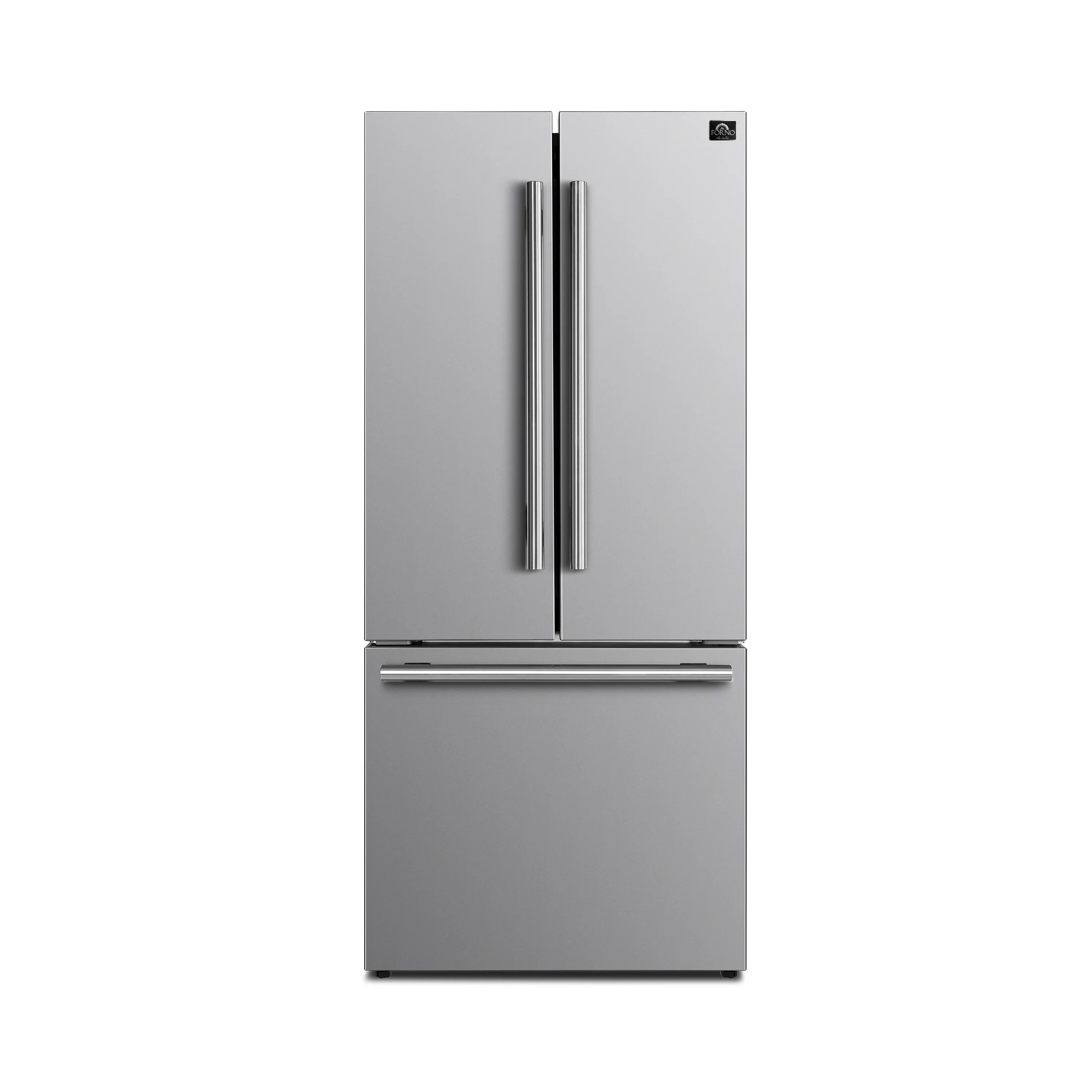 Stainless steel French door refrigerator with two vertical handles and bottom drawer