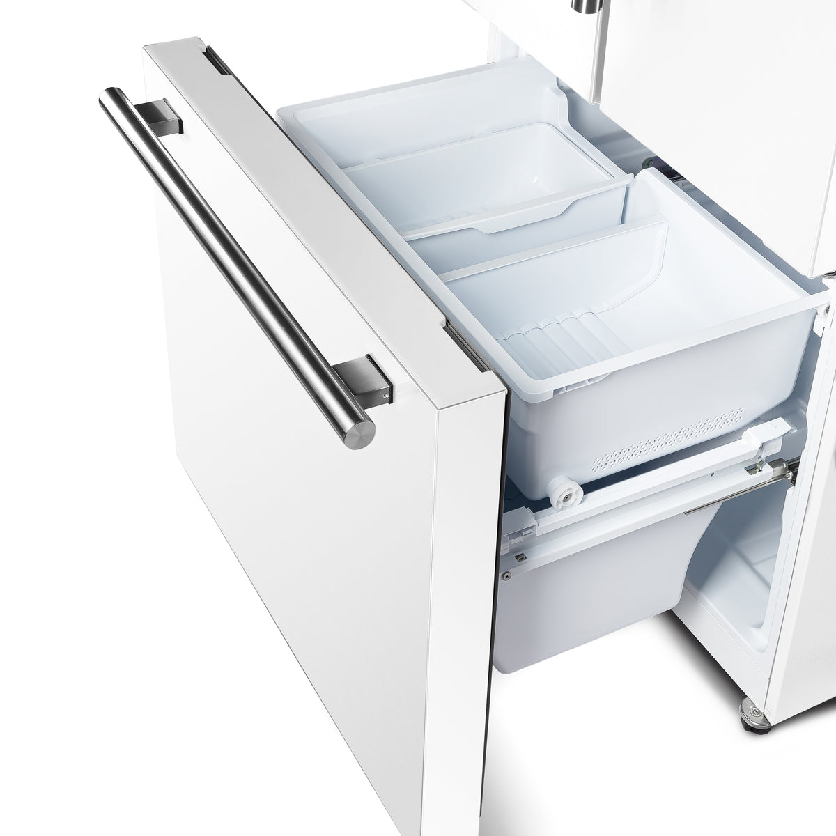 White French door refrigerator with ice maker pull-out bin and side access compartment