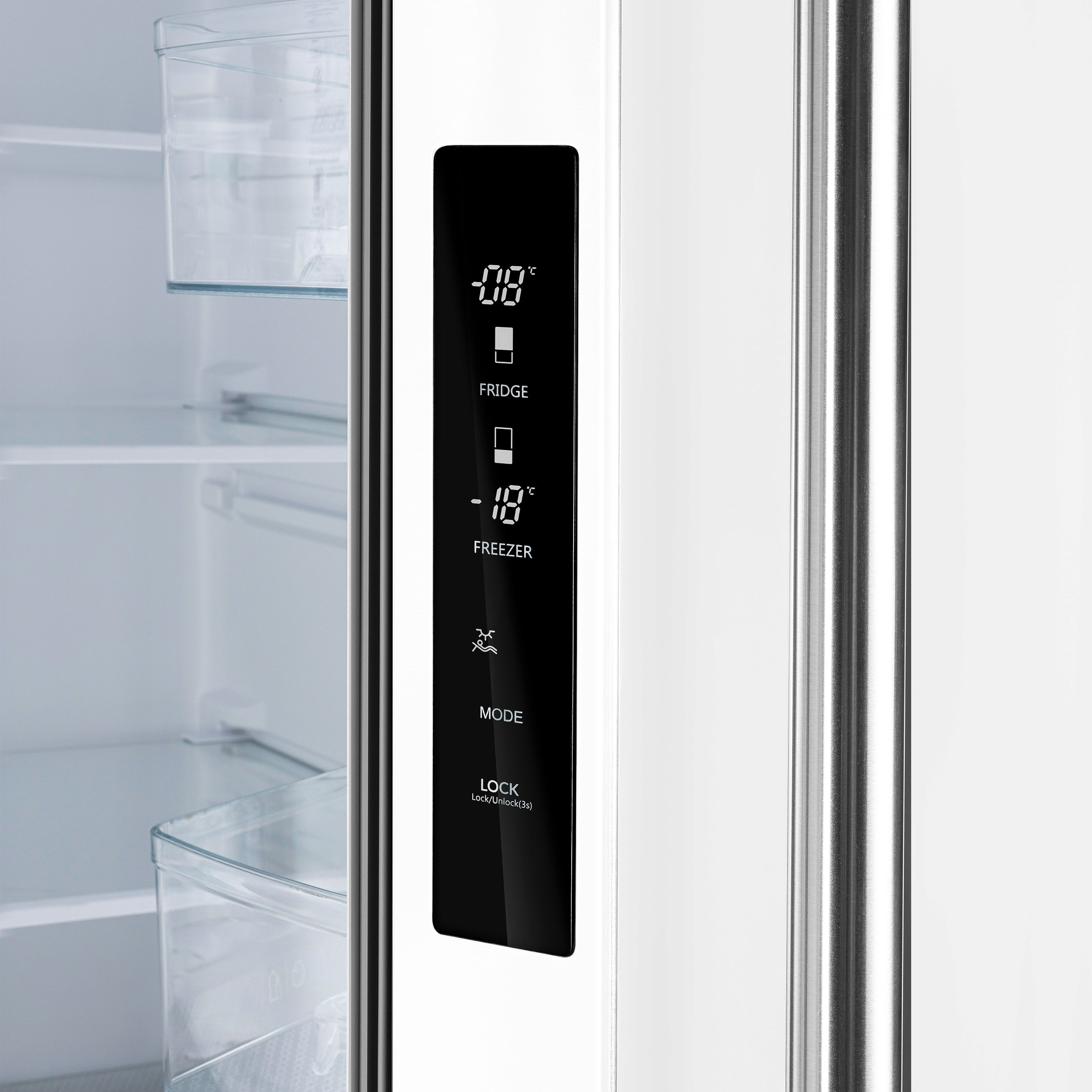 White French door refrigerator with black dispenser control panel for fridge and freezer