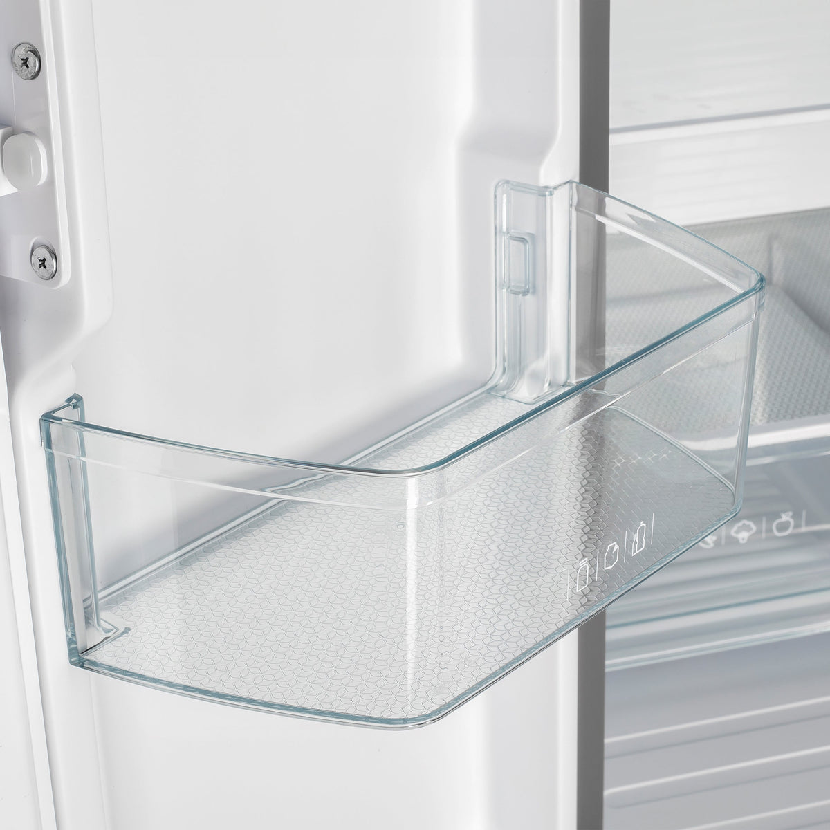 Refrigerator door bin with clear glass shelf and white interior wall