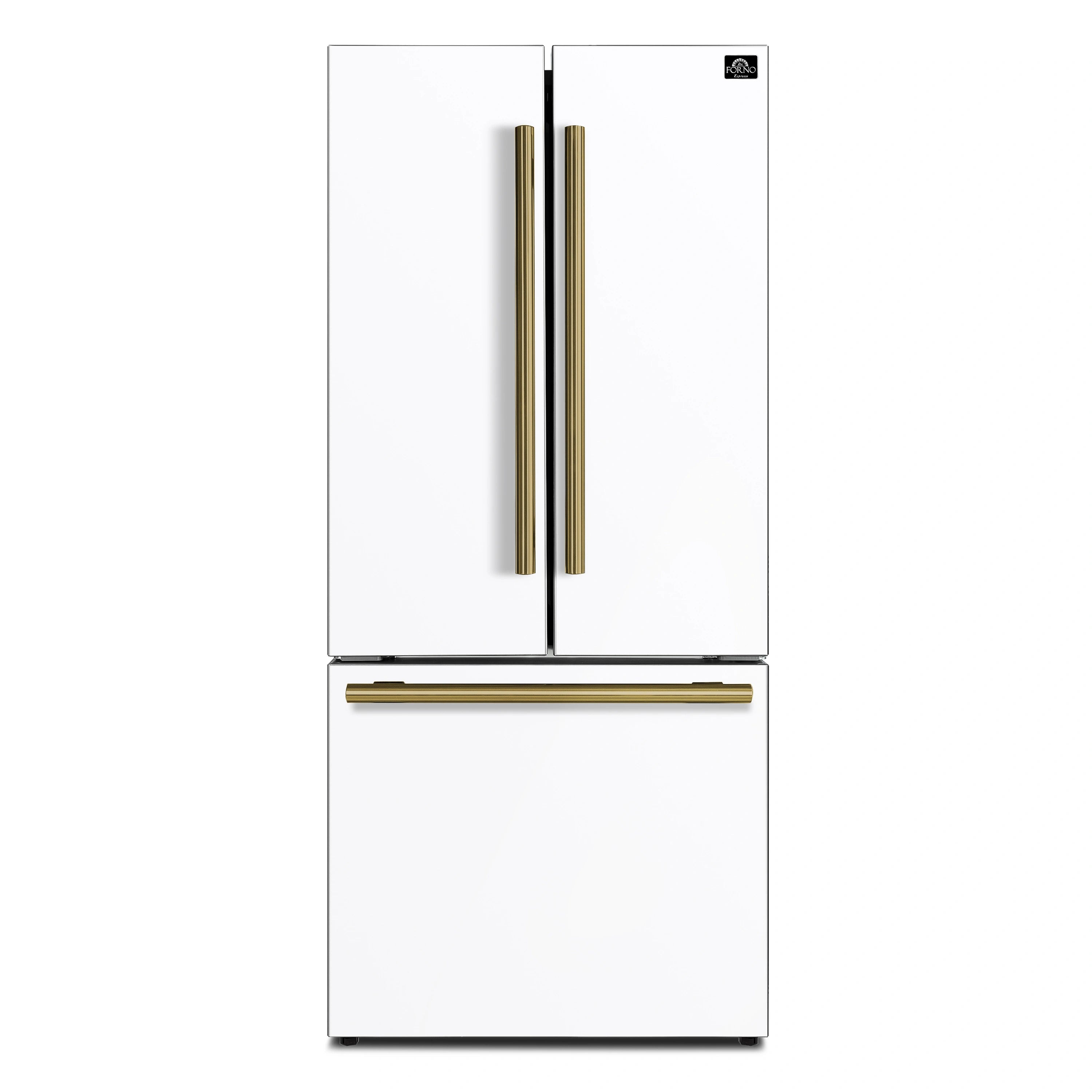 White French door refrigerator with antique brass vertical handles and dispenser