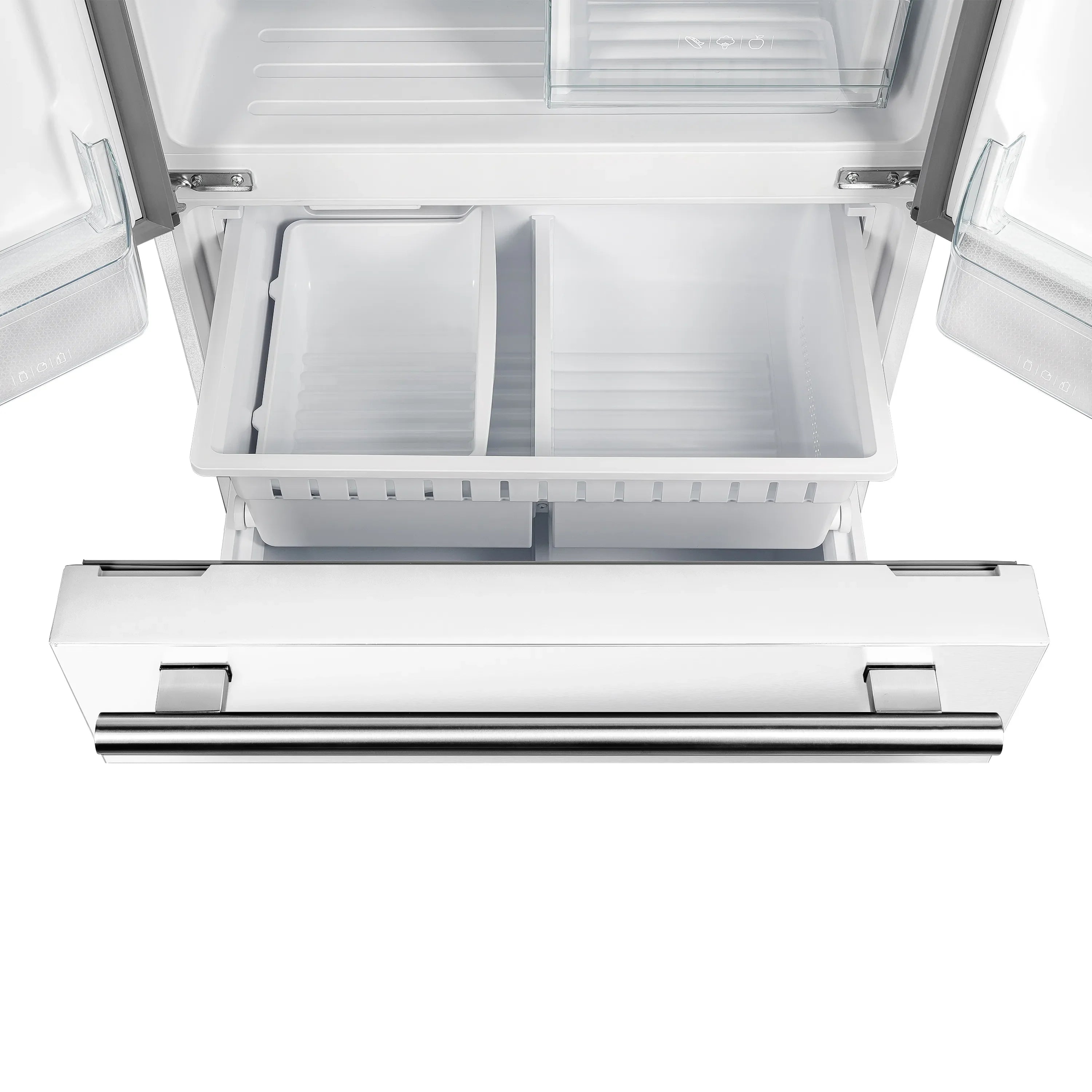 White refrigerator interior with open top drawer and clear storage bin