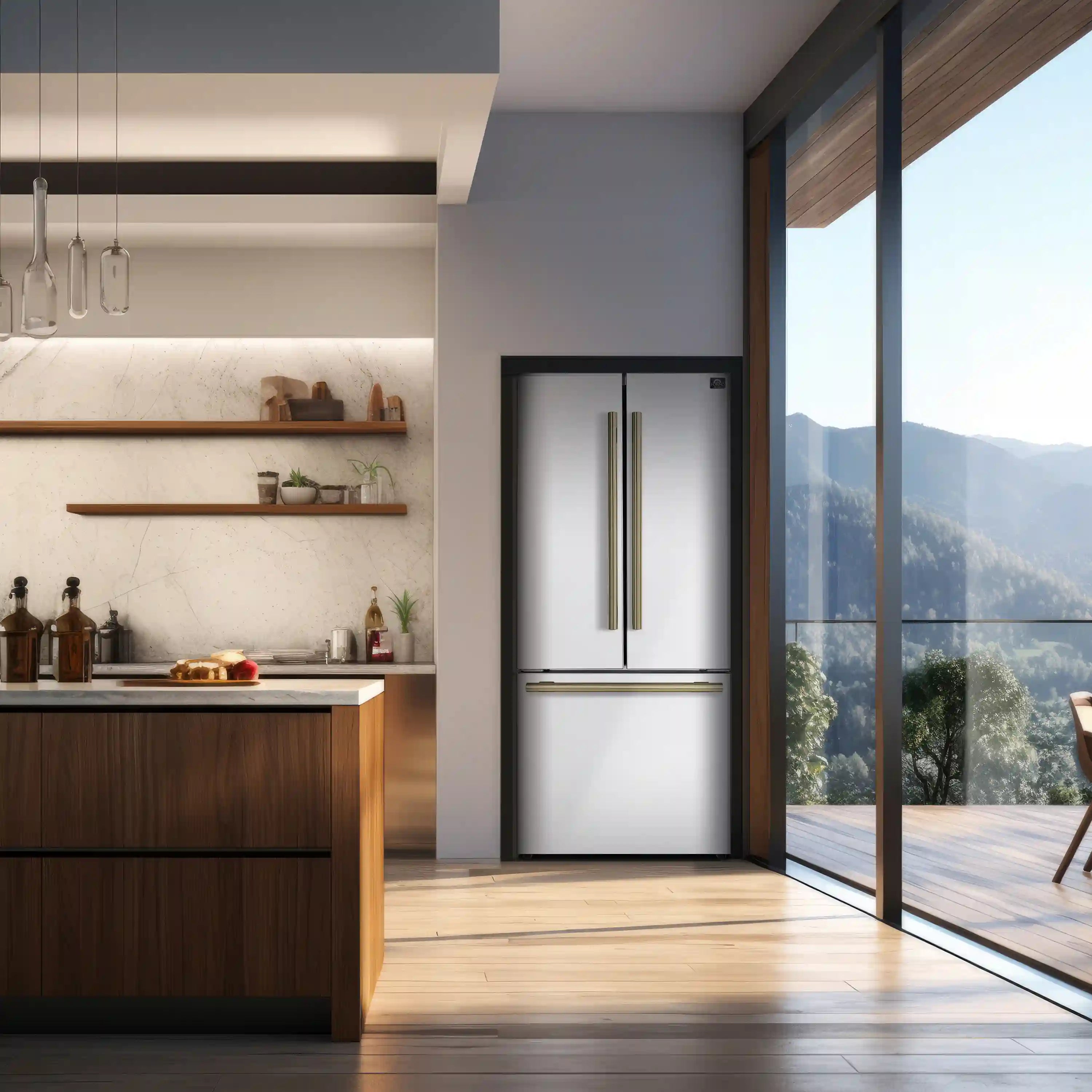 White refrigerator with vertical handles and horizontal brass trim near the door