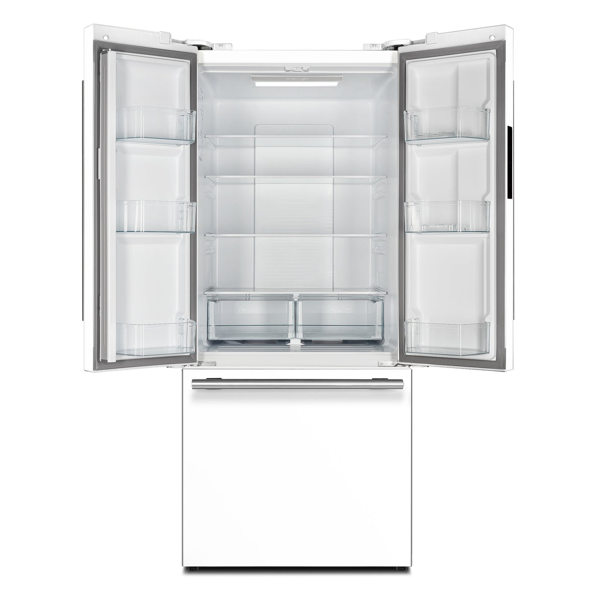 White French door refrigerator with open doors and clear interior shelves
