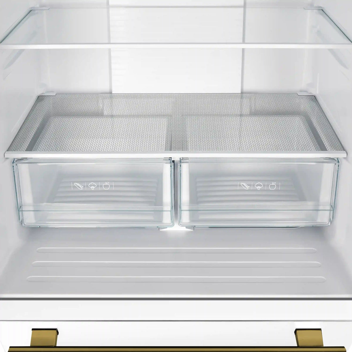 Refrigerator top bin with mesh-like shelf and two open drawer compartments.